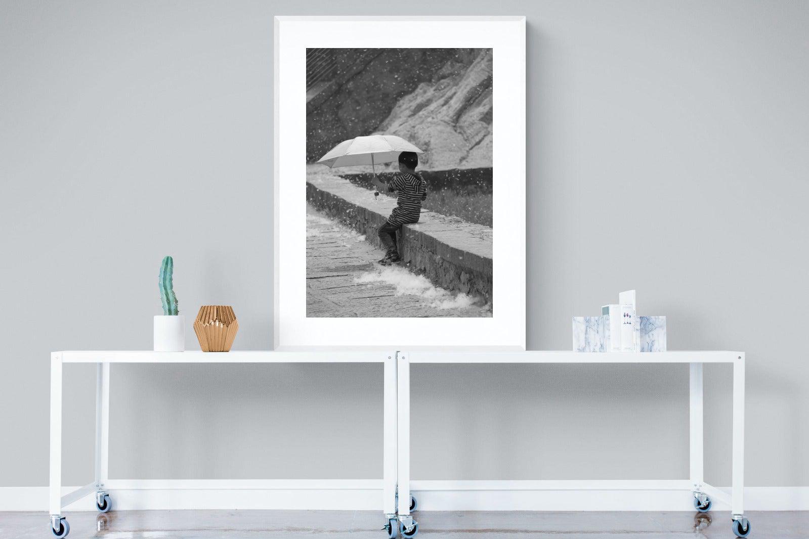 Boy & Brolly-Wall_Art-90 x 120cm-Framed Print-White-Pixalot