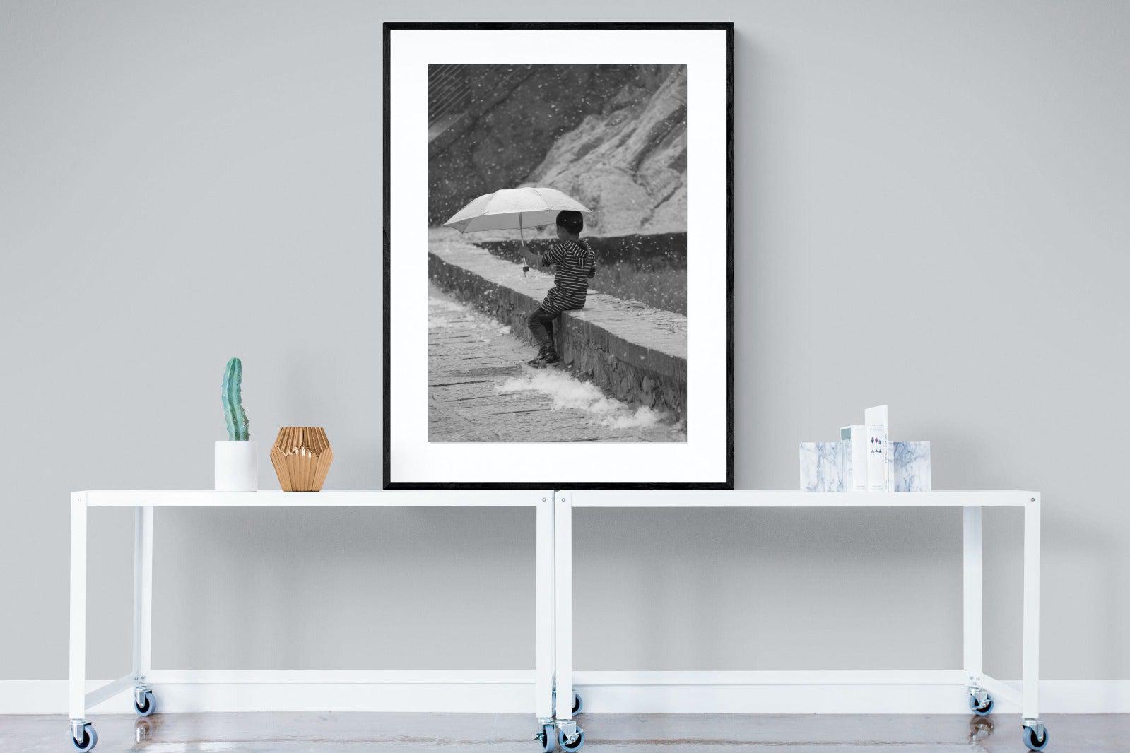 Boy & Brolly-Wall_Art-90 x 120cm-Framed Print-Black-Pixalot