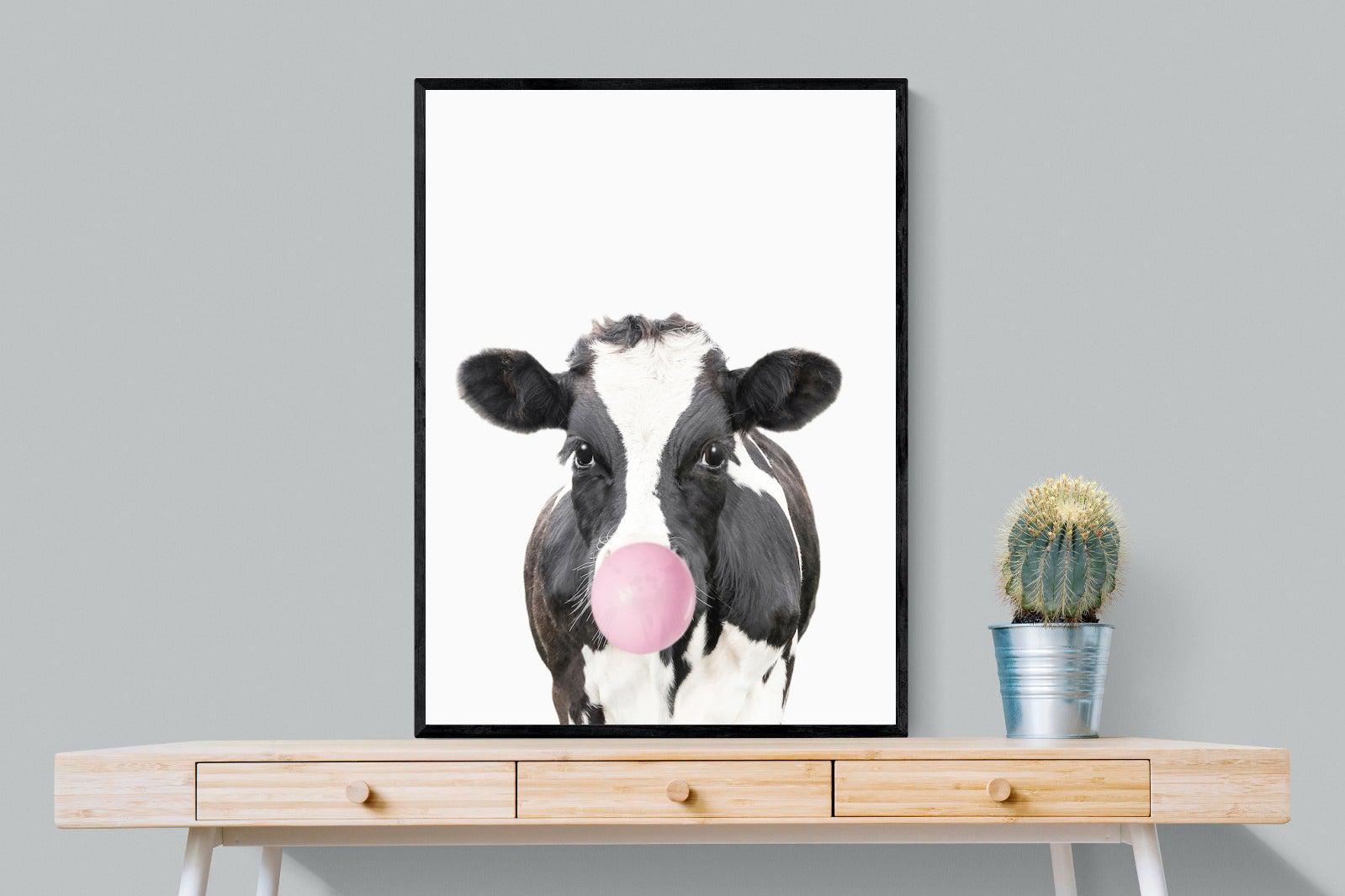 Bubblegum Cow-Wall_Art-75 x 100cm-Mounted Canvas-Black-Pixalot