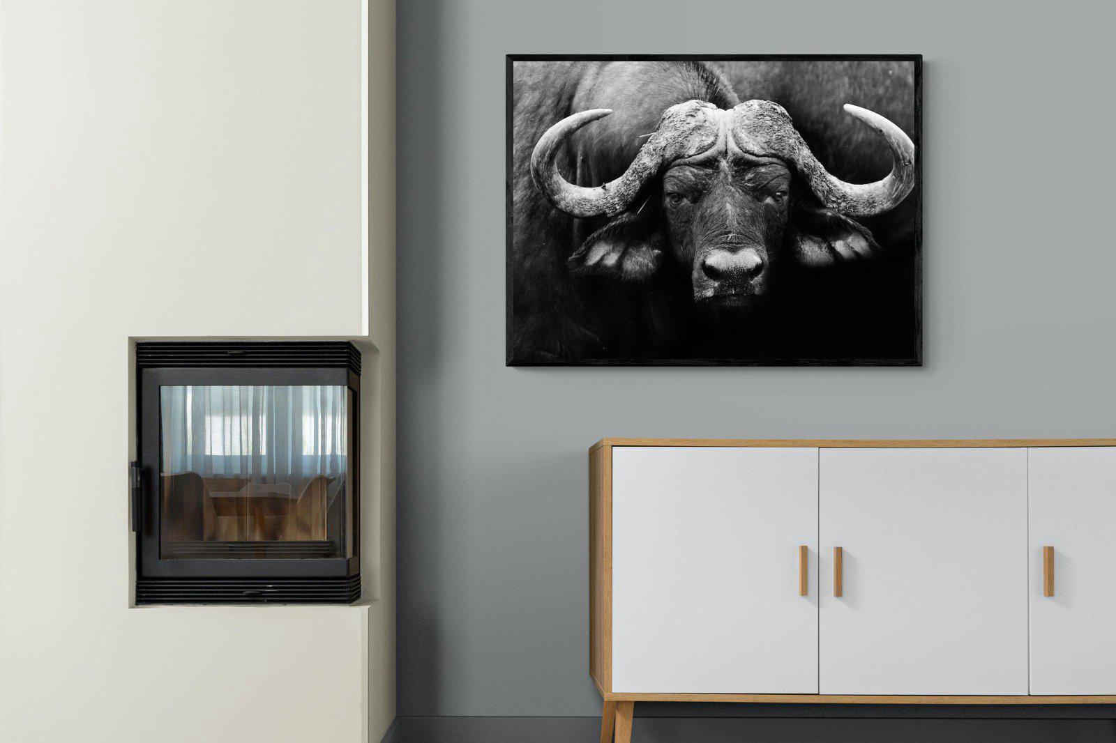 Cape Buffalo-Wall_Art-100 x 75cm-Mounted Canvas-Black-Pixalot