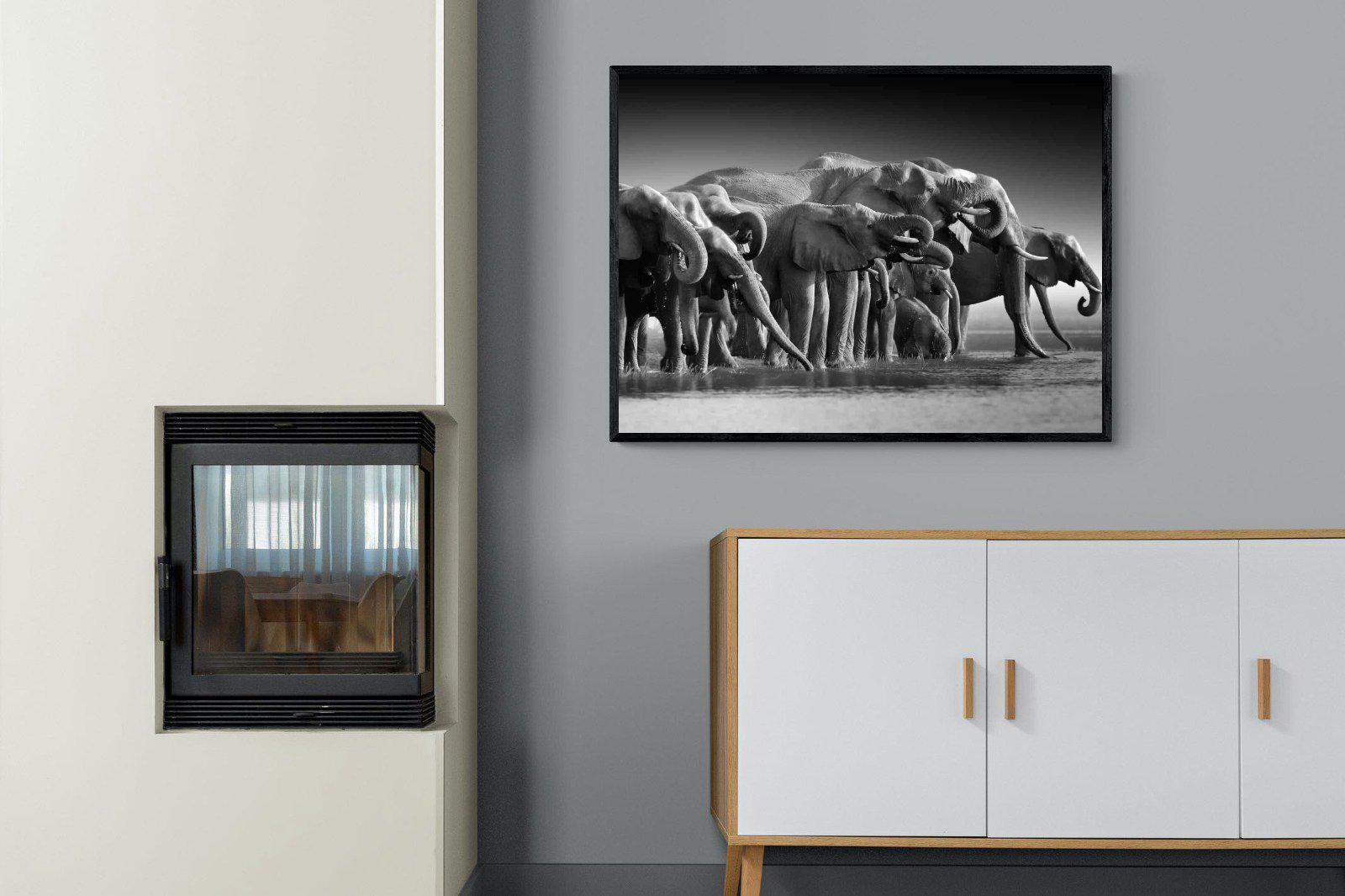 Chobe Elephants-Wall_Art-100 x 75cm-Mounted Canvas-Black-Pixalot