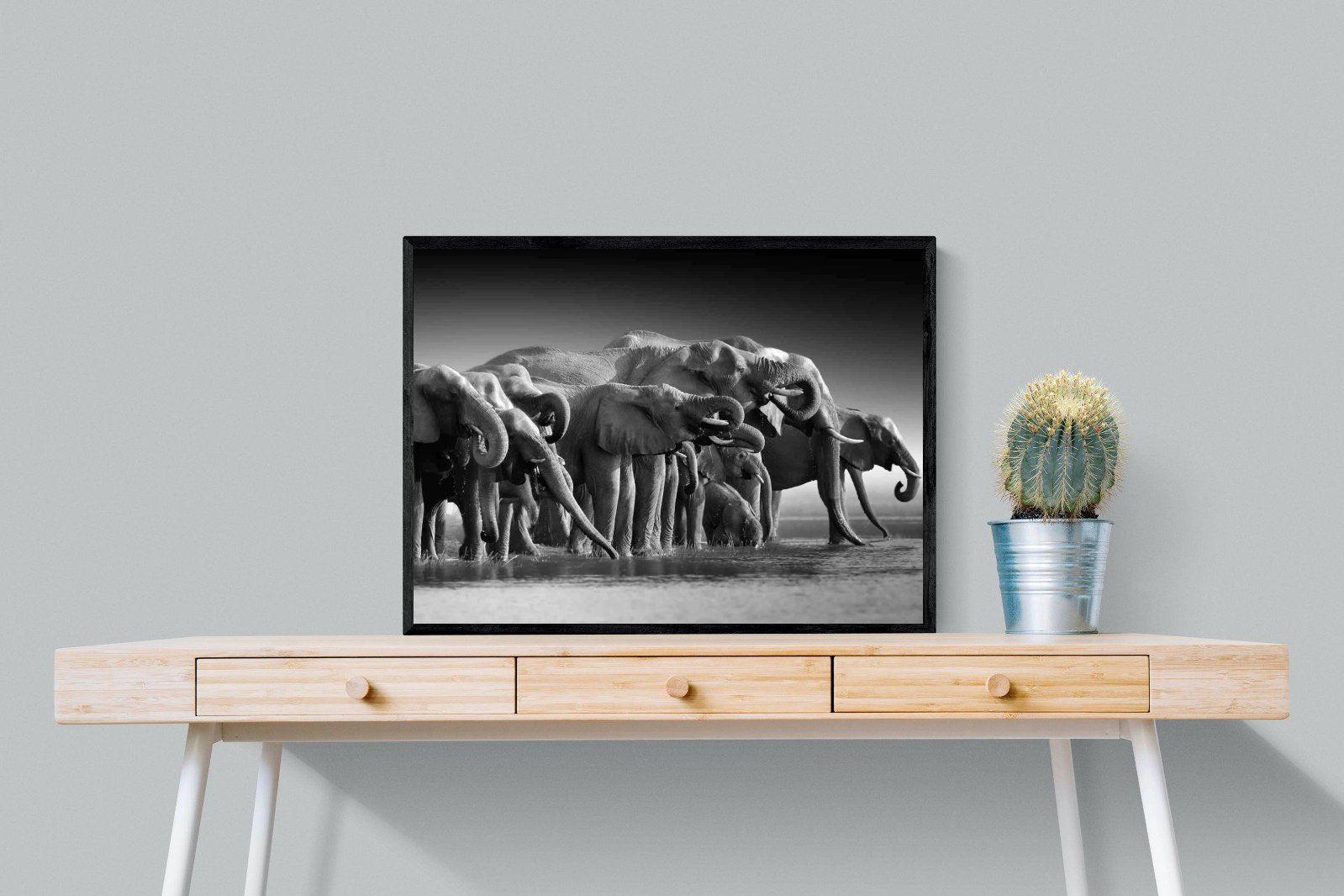 Chobe Elephants-Wall_Art-80 x 60cm-Mounted Canvas-Black-Pixalot