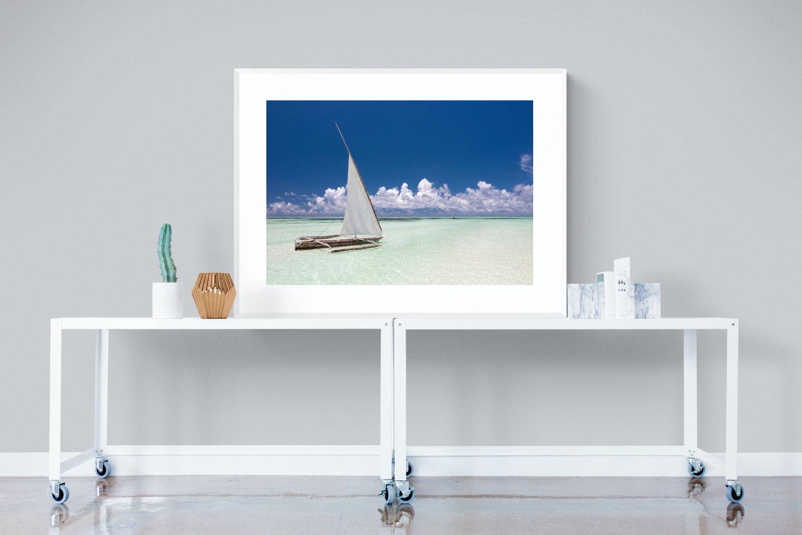 Dhow on Blue-Wall_Art-120 x 90cm-Framed Print-White-Pixalot