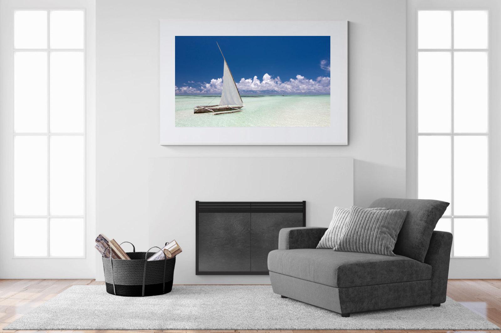 Dhow on Blue-Wall_Art-150 x 100cm-Framed Print-White-Pixalot