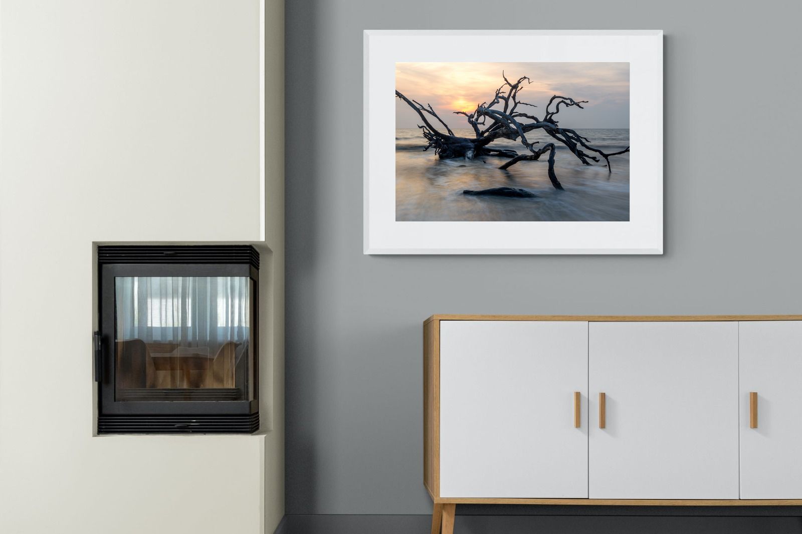 Driftwood Sunrise-Wall_Art-100 x 75cm-Framed Print-White-Pixalot