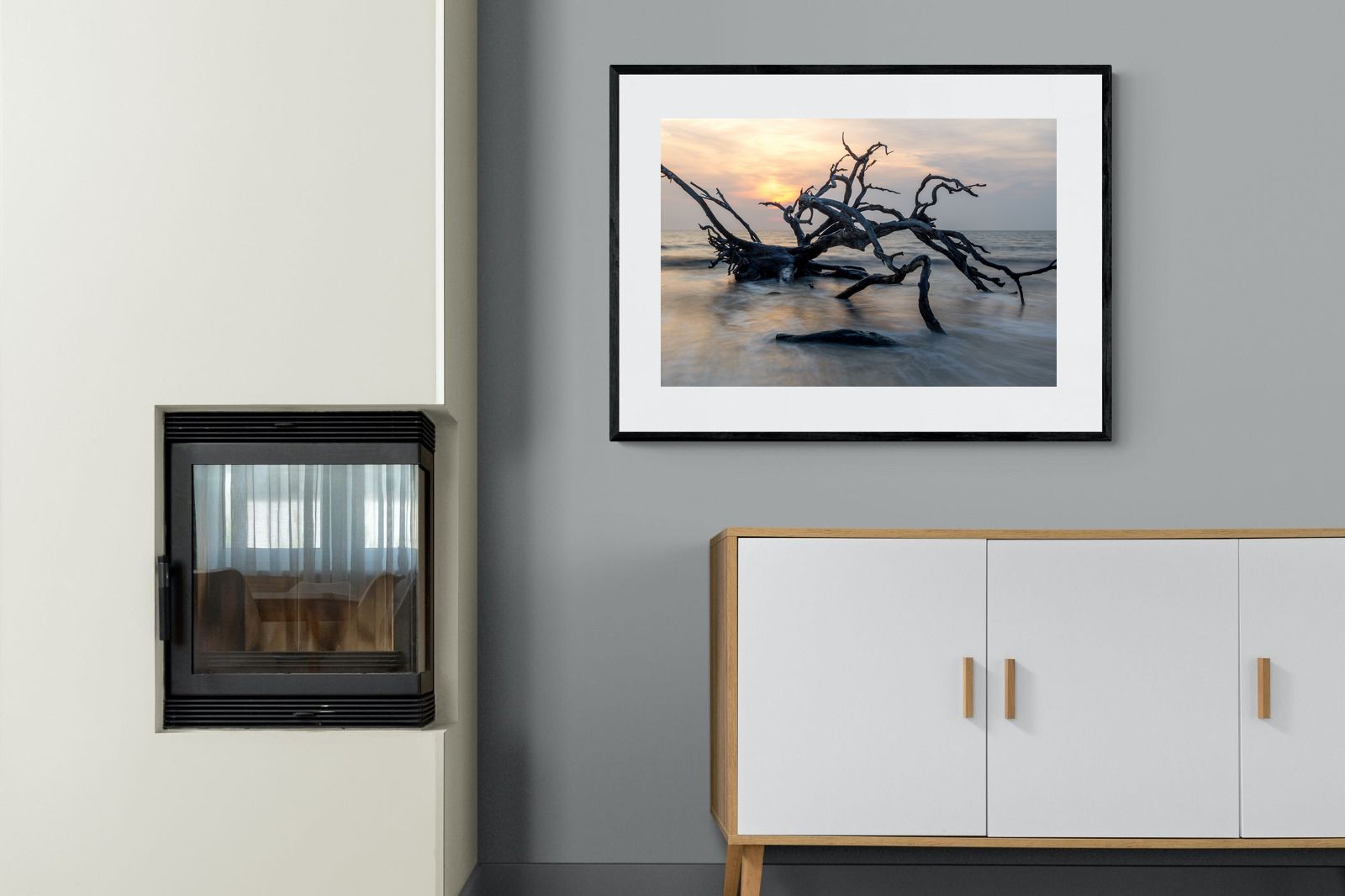 Driftwood Sunrise-Wall_Art-100 x 75cm-Framed Print-Black-Pixalot
