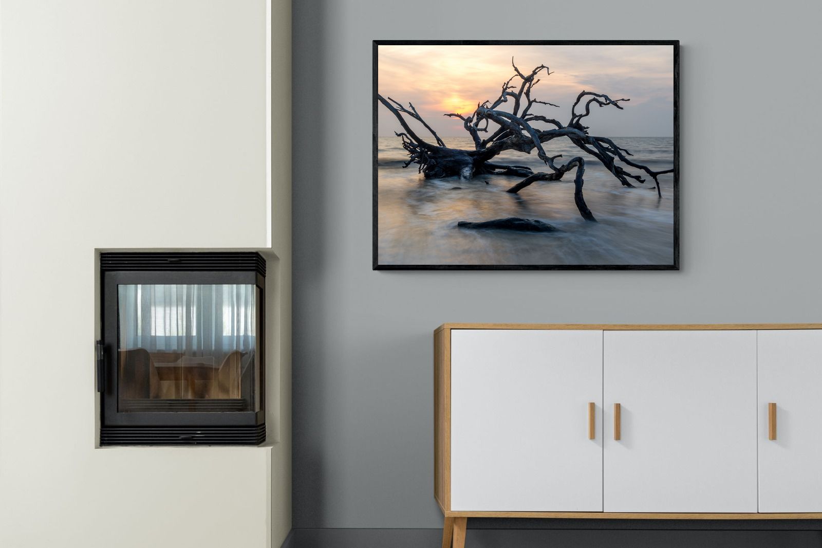 Driftwood Sunrise-Wall_Art-100 x 75cm-Mounted Canvas-Black-Pixalot