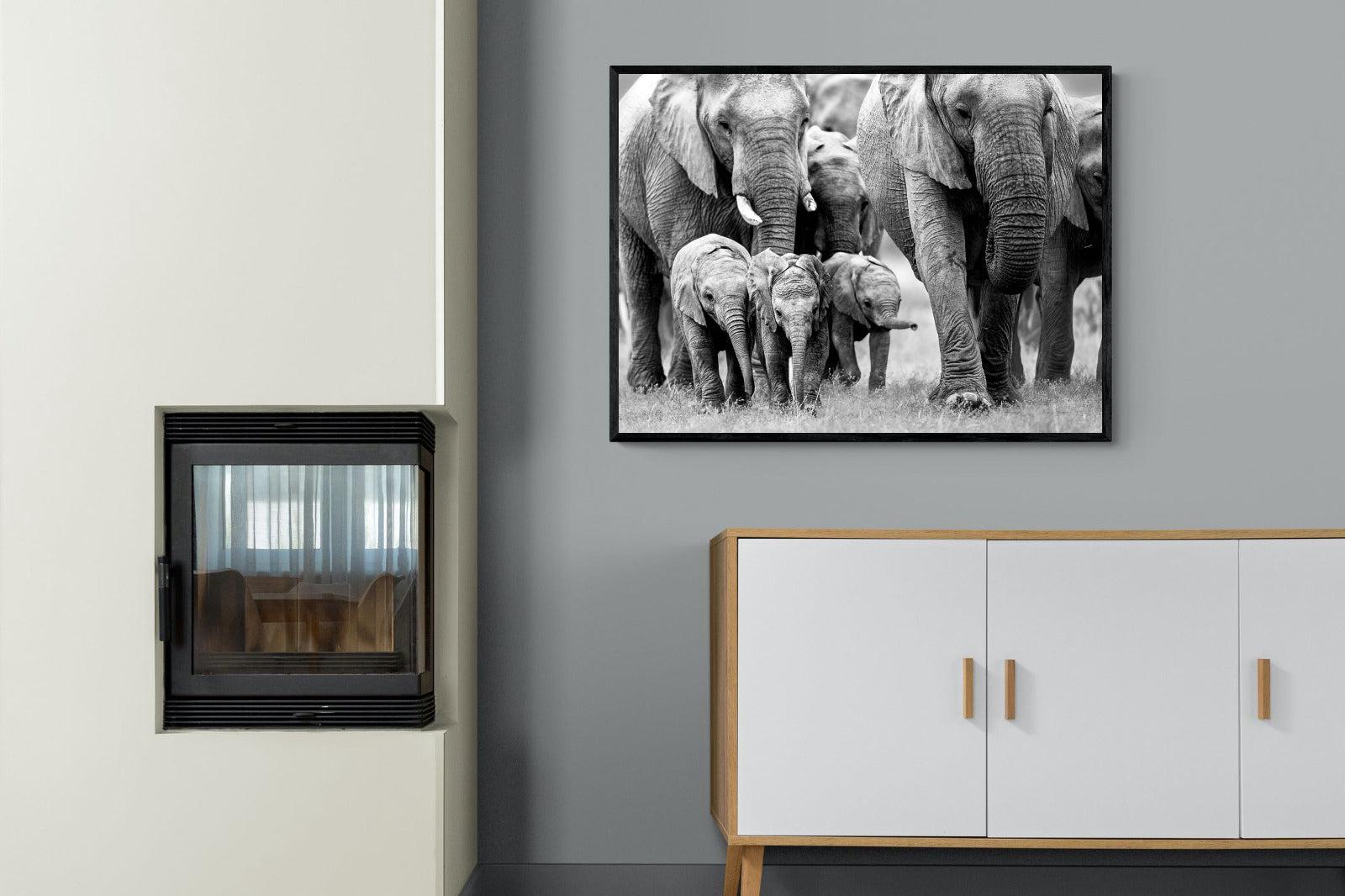 Elephant Family-Wall_Art-100 x 75cm-Mounted Canvas-Black-Pixalot