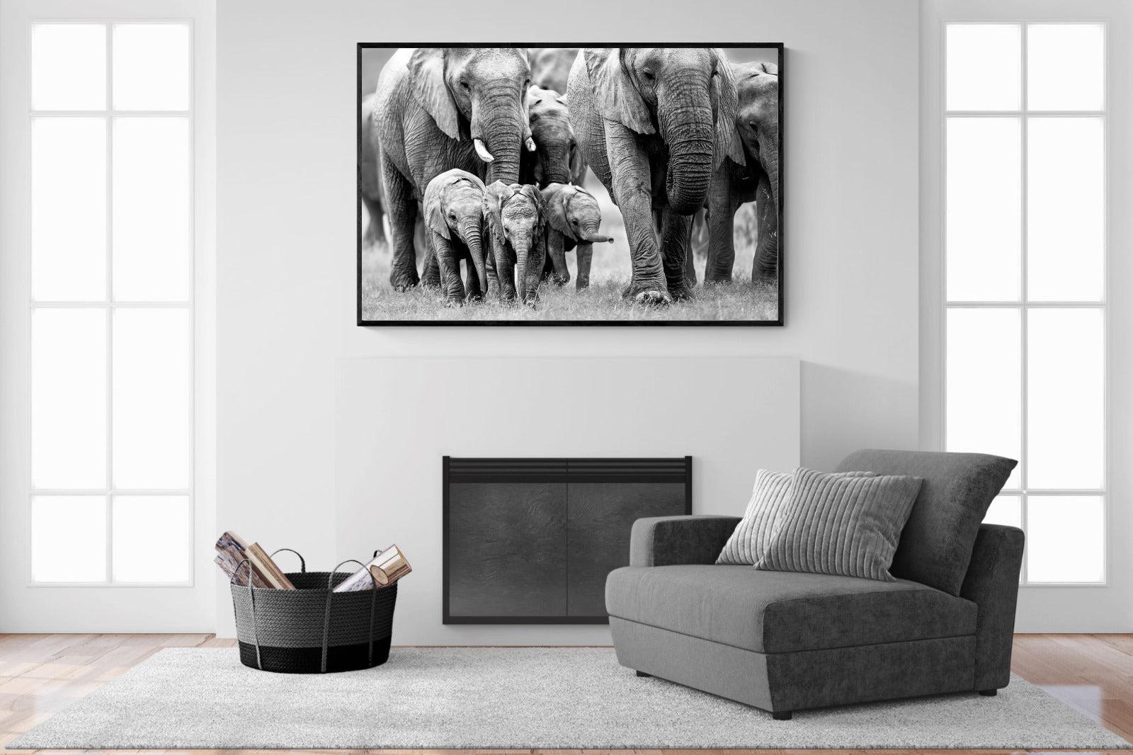 Elephant Family-Wall_Art-150 x 100cm-Mounted Canvas-Black-Pixalot