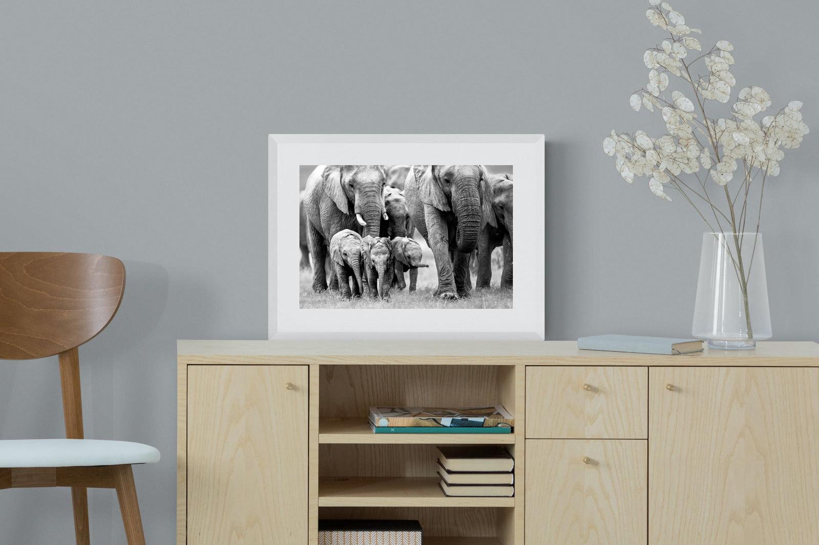 Elephant Family-Wall_Art-60 x 45cm-Framed Print-White-Pixalot
