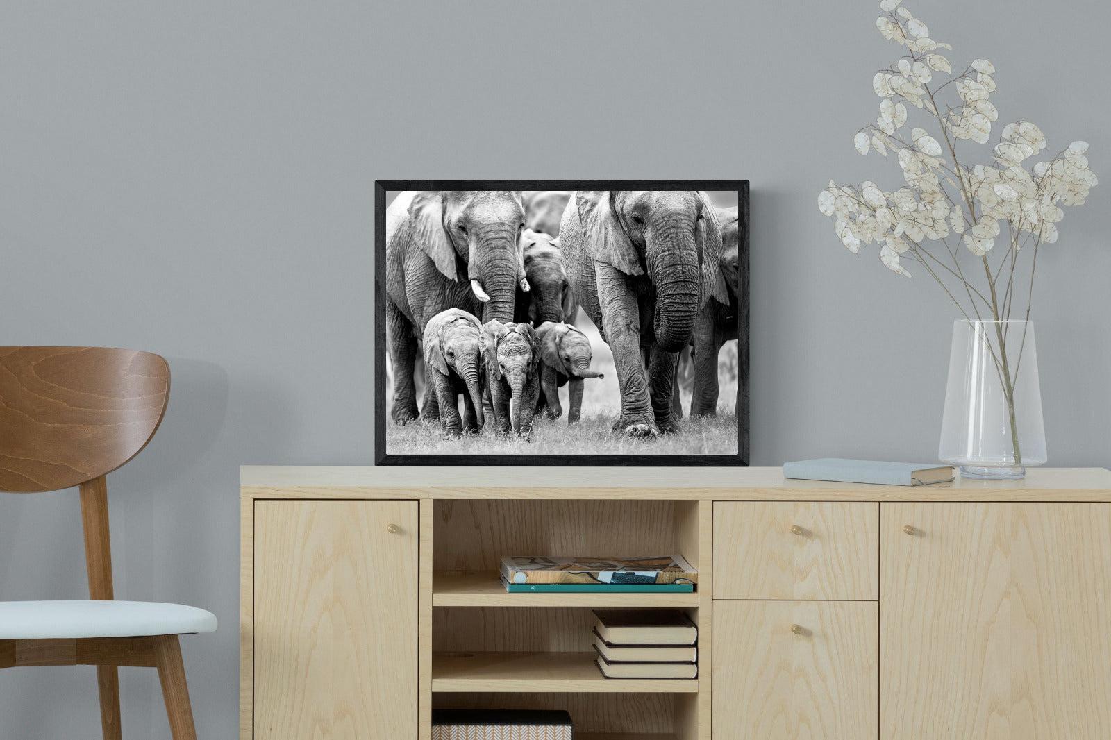 Elephant Family-Wall_Art-60 x 45cm-Mounted Canvas-Black-Pixalot