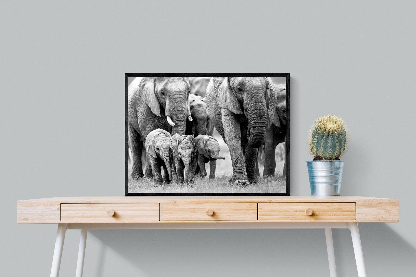 Elephant Family-Wall_Art-80 x 60cm-Mounted Canvas-Black-Pixalot