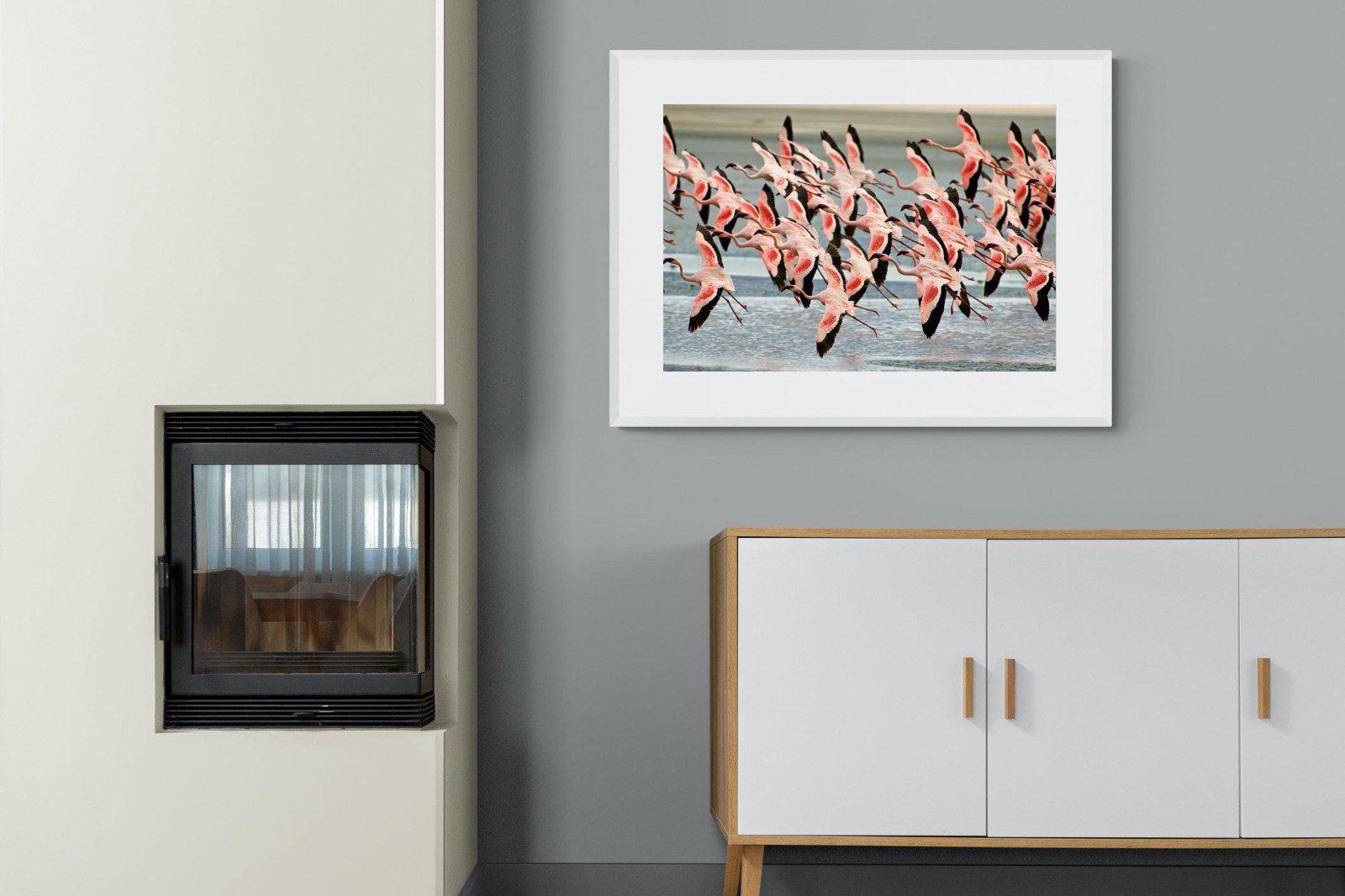 Flamingo Flight-Wall_Art-100 x 75cm-Framed Print-White-Pixalot