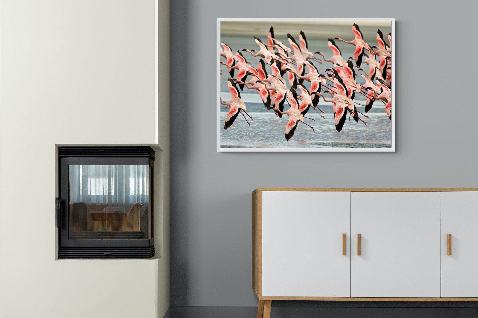 Flamingo Flight-Wall_Art-100 x 75cm-Mounted Canvas-White-Pixalot