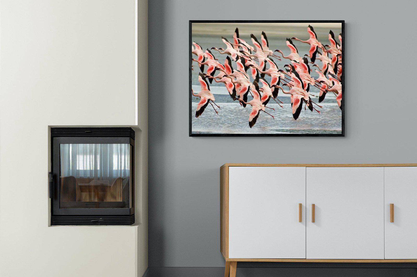Flamingo Flight-Wall_Art-100 x 75cm-Mounted Canvas-Black-Pixalot