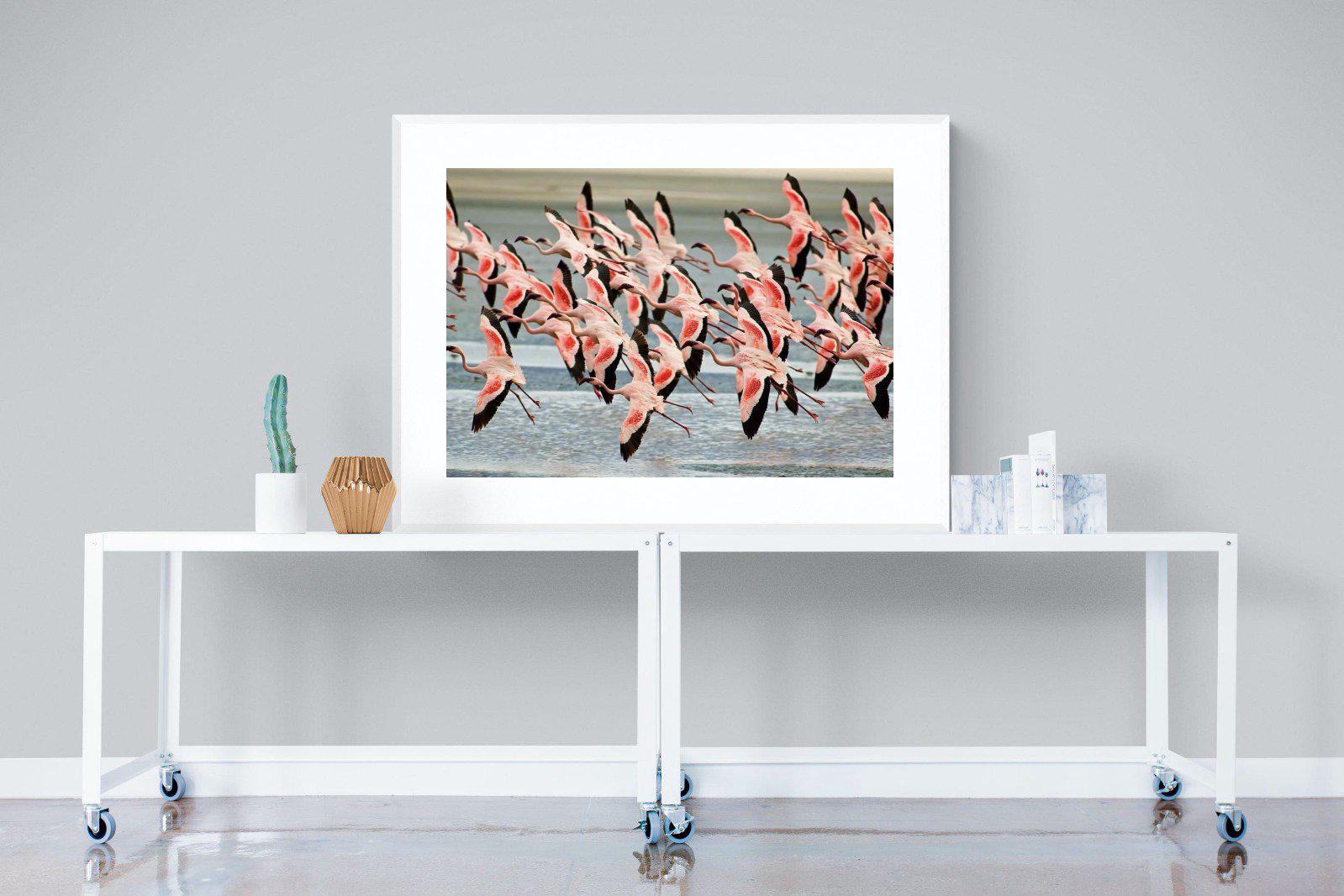 Flamingo Flight-Wall_Art-120 x 90cm-Framed Print-White-Pixalot