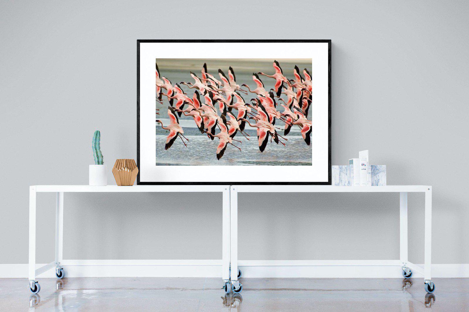 Flamingo Flight-Wall_Art-120 x 90cm-Framed Print-Black-Pixalot