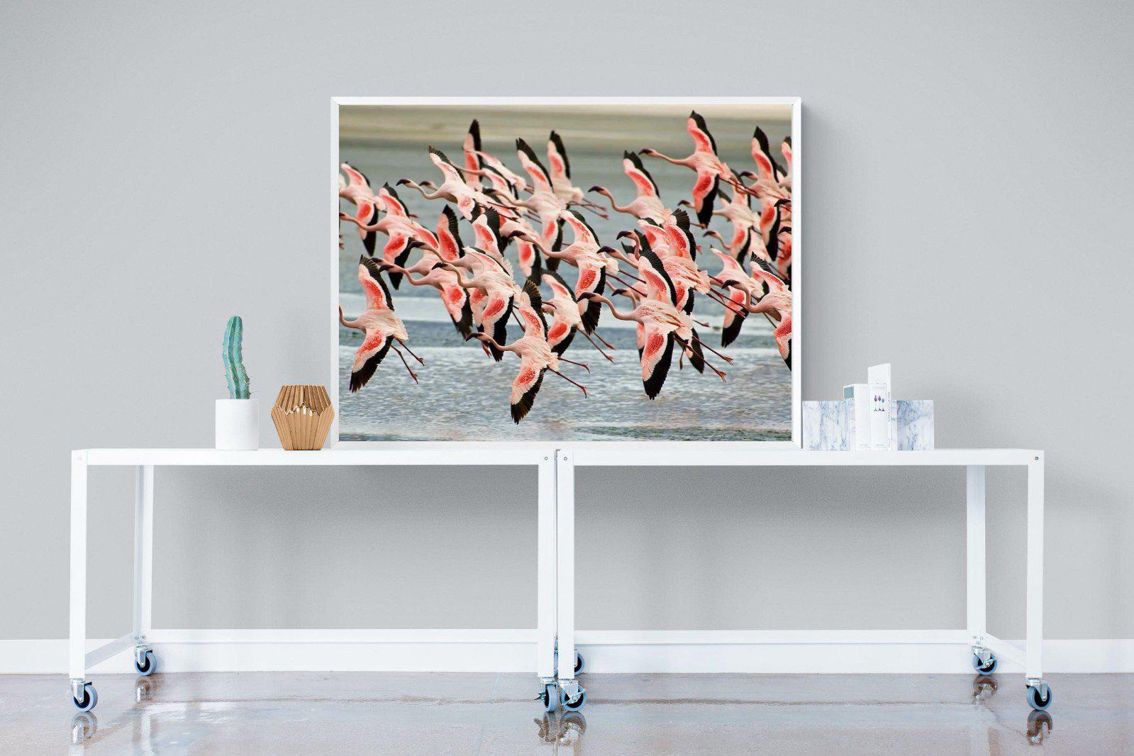 Flamingo Flight-Wall_Art-120 x 90cm-Mounted Canvas-White-Pixalot