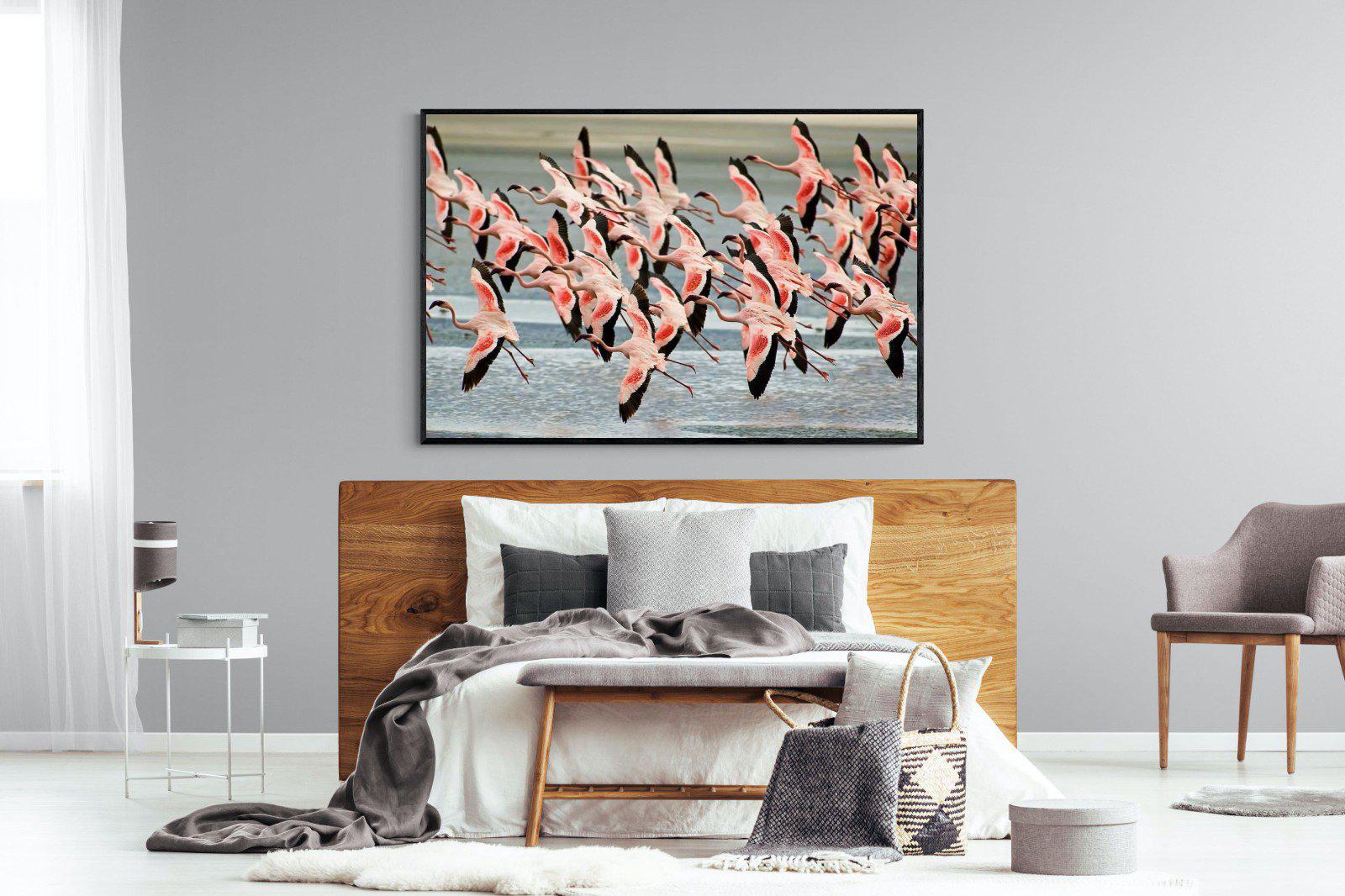 Flamingo Flight-Wall_Art-150 x 100cm-Mounted Canvas-Black-Pixalot