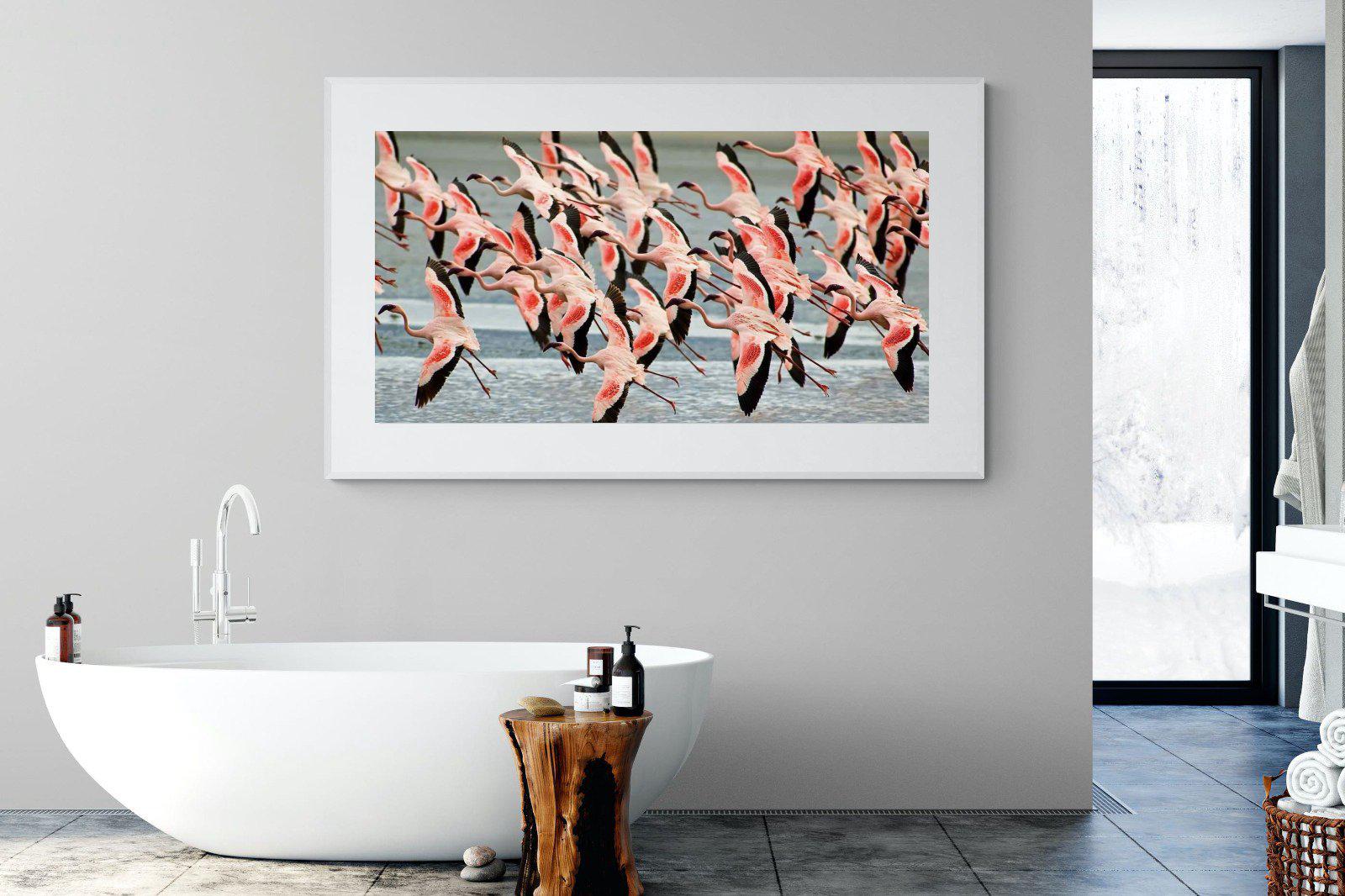 Flamingo Flight-Wall_Art-180 x 110cm-Framed Print-White-Pixalot
