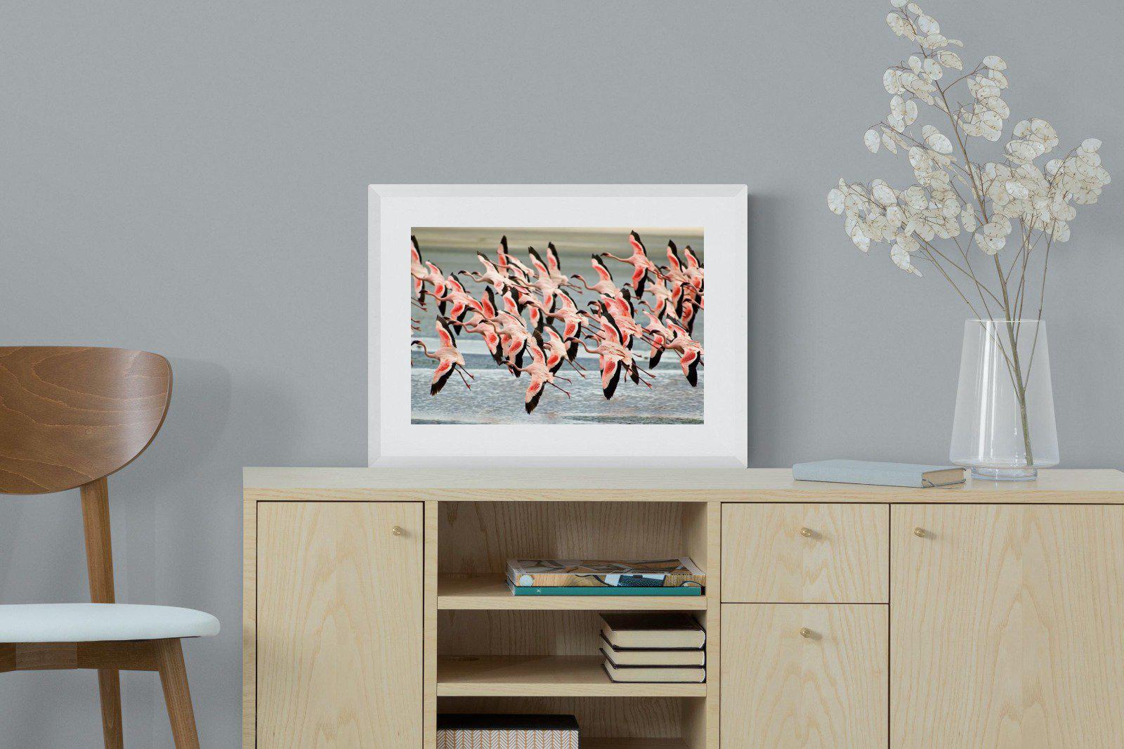 Flamingo Flight-Wall_Art-60 x 45cm-Framed Print-White-Pixalot