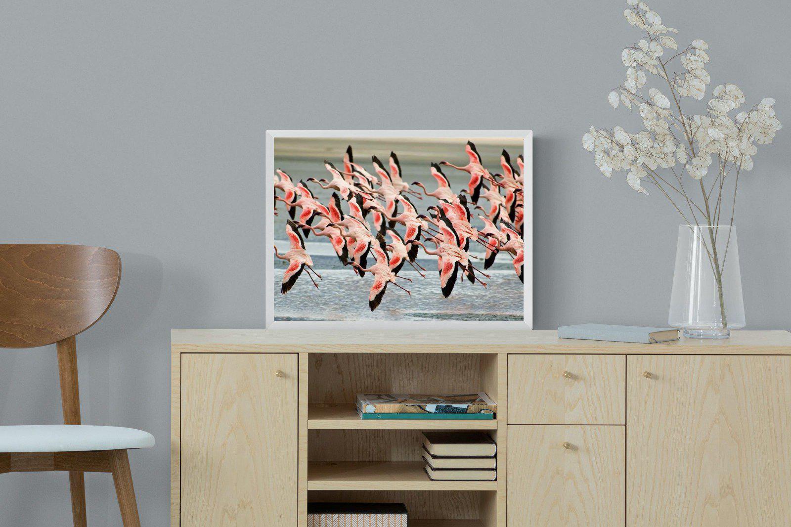 Flamingo Flight-Wall_Art-60 x 45cm-Mounted Canvas-White-Pixalot