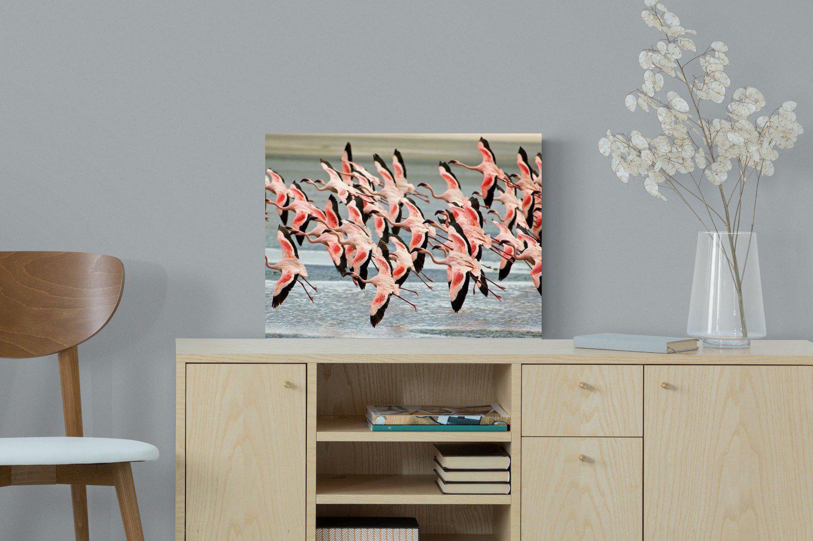 Flamingo Flight-Wall_Art-60 x 45cm-Mounted Canvas-No Frame-Pixalot
