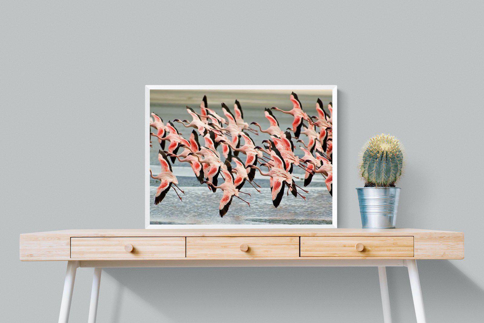 Flamingo Flight-Wall_Art-80 x 60cm-Mounted Canvas-White-Pixalot