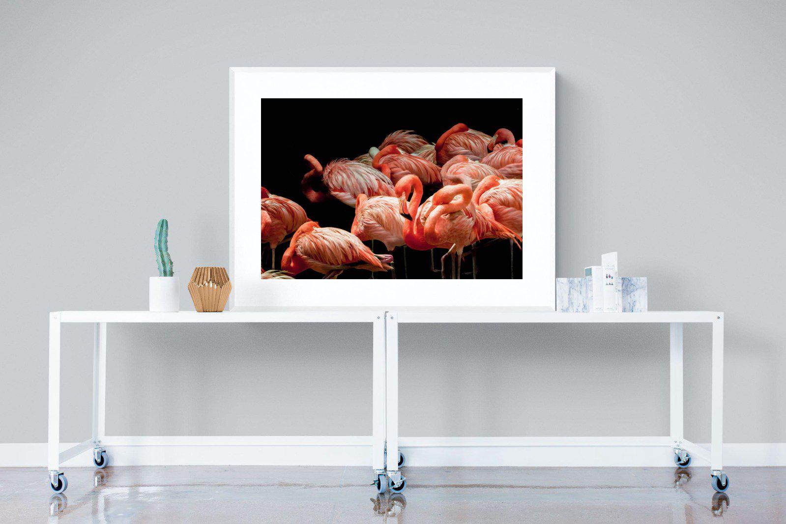 Flamingo Flock-Wall_Art-120 x 90cm-Framed Print-White-Pixalot