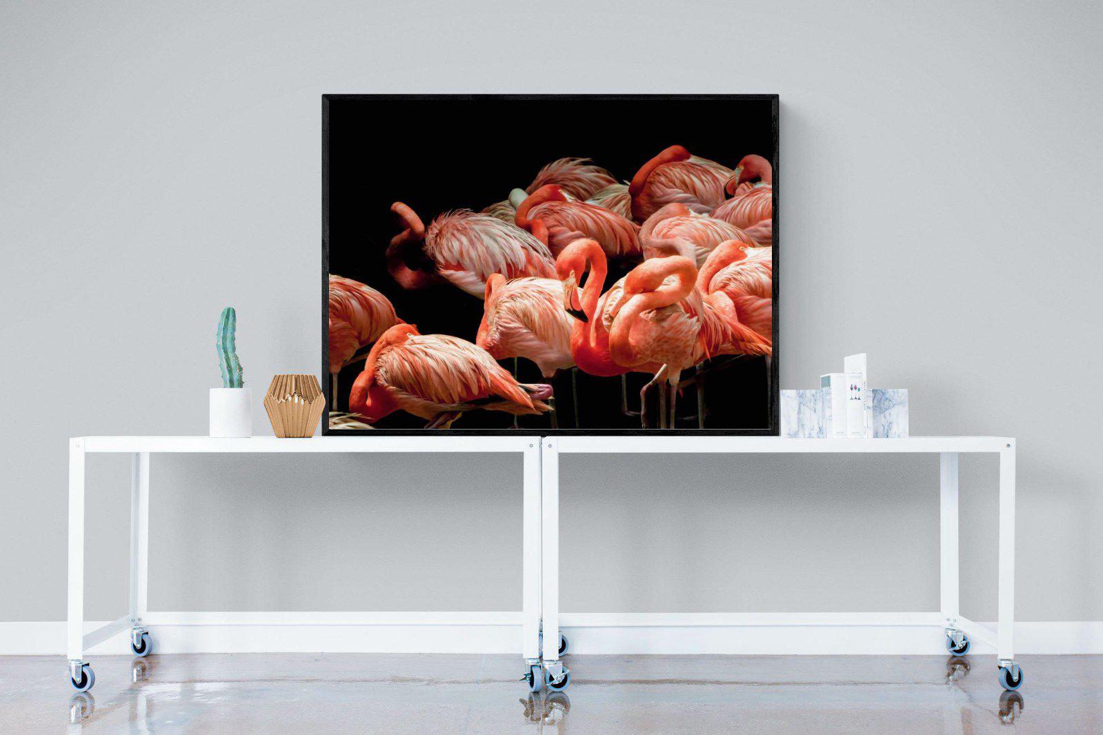 Flamingo Flock-Wall_Art-120 x 90cm-Mounted Canvas-Black-Pixalot