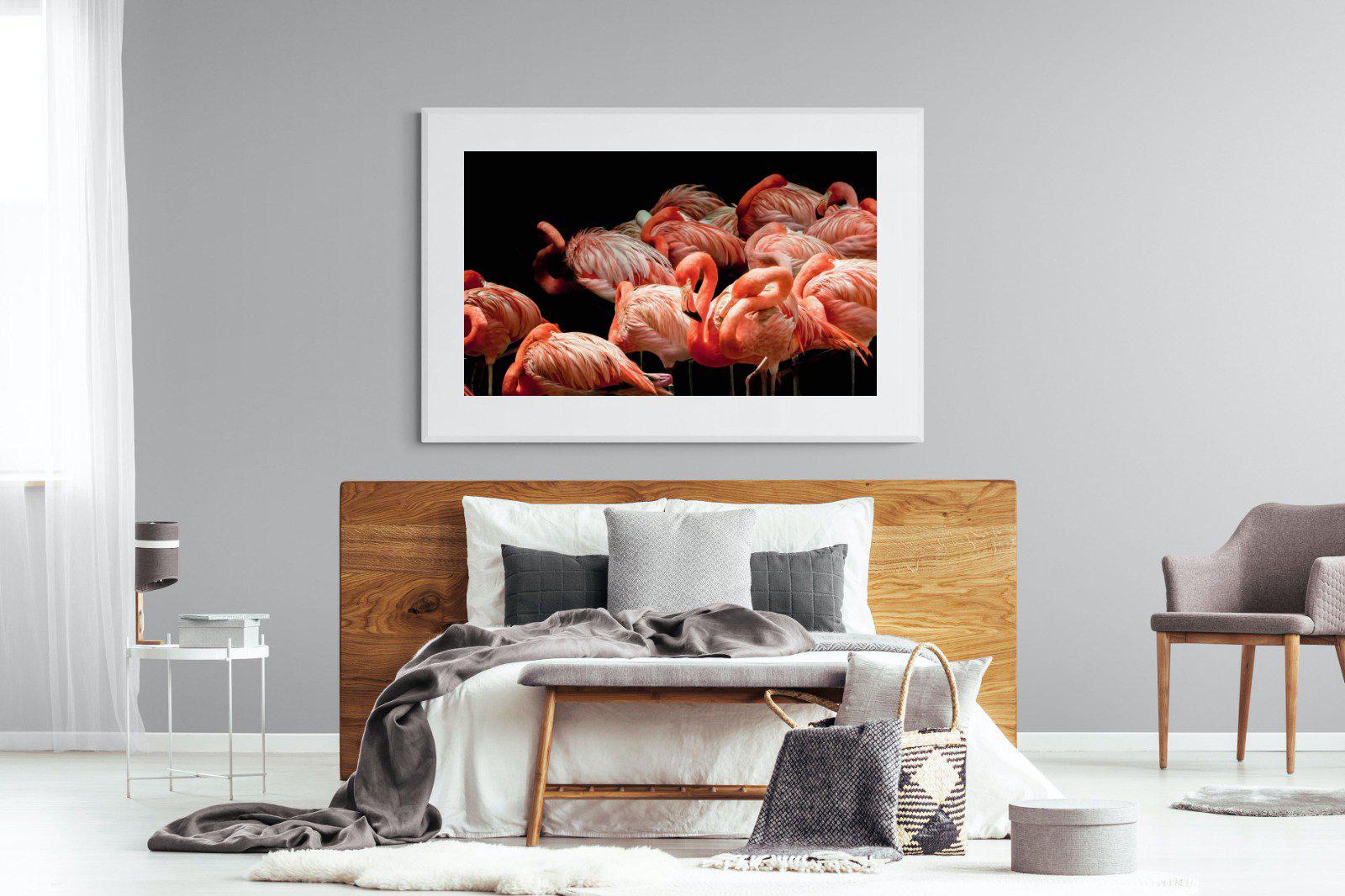 Flamingo Flock-Wall_Art-150 x 100cm-Framed Print-White-Pixalot