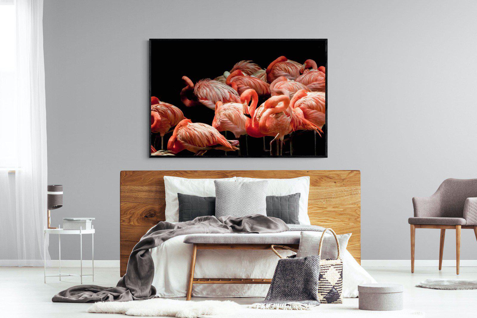Flamingo Flock-Wall_Art-150 x 100cm-Mounted Canvas-Black-Pixalot