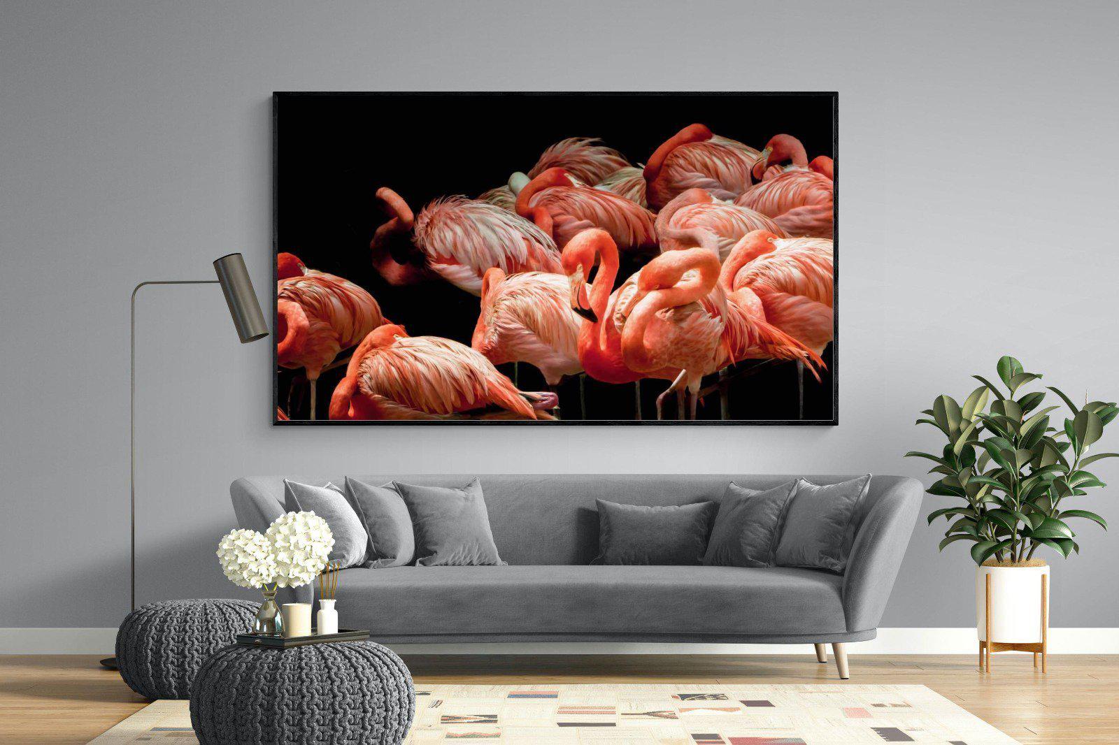 Flamingo Flock-Wall_Art-220 x 130cm-Mounted Canvas-Black-Pixalot