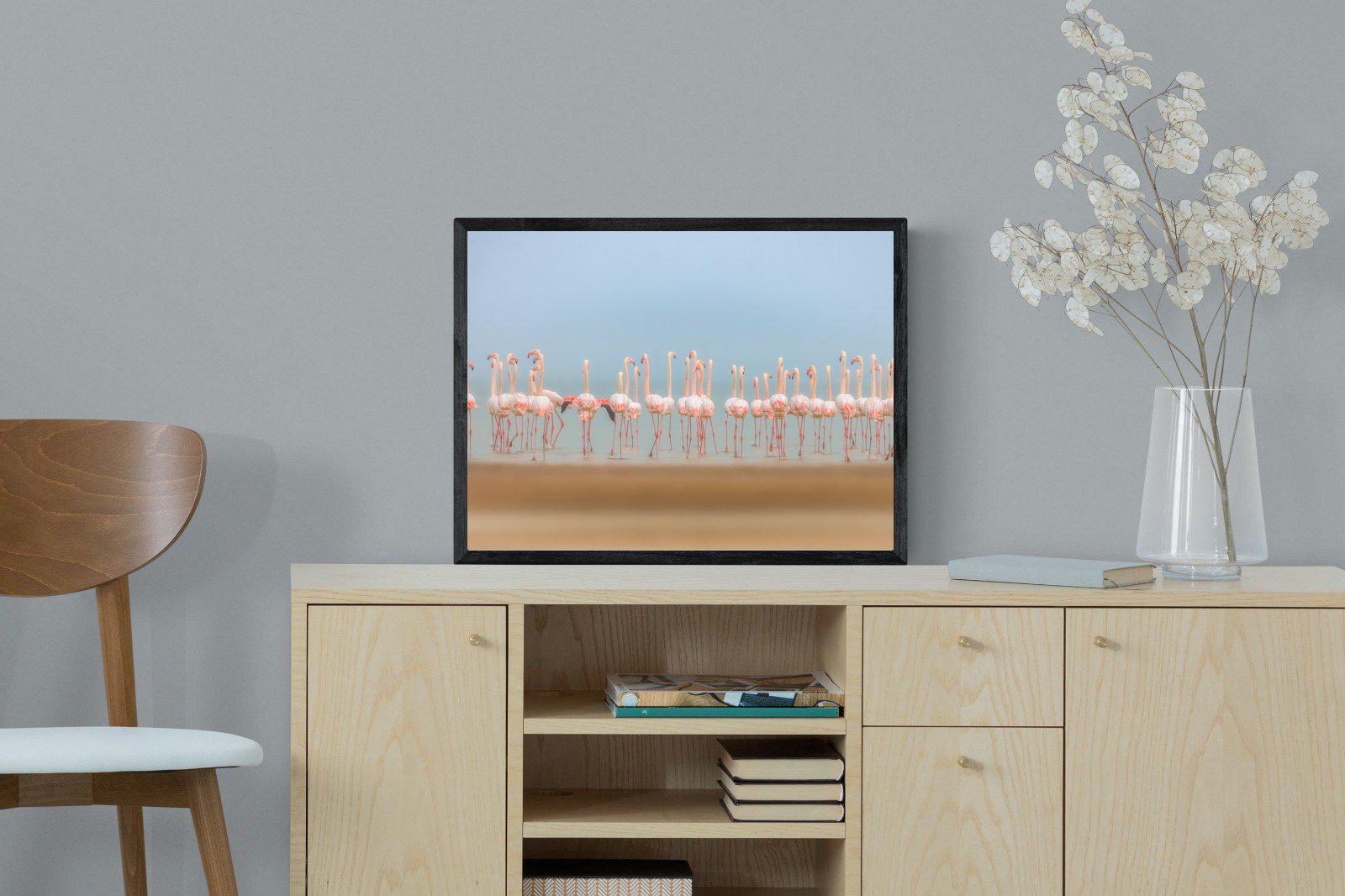Flamingo Forest-Wall_Art-60 x 45cm-Mounted Canvas-Black-Pixalot