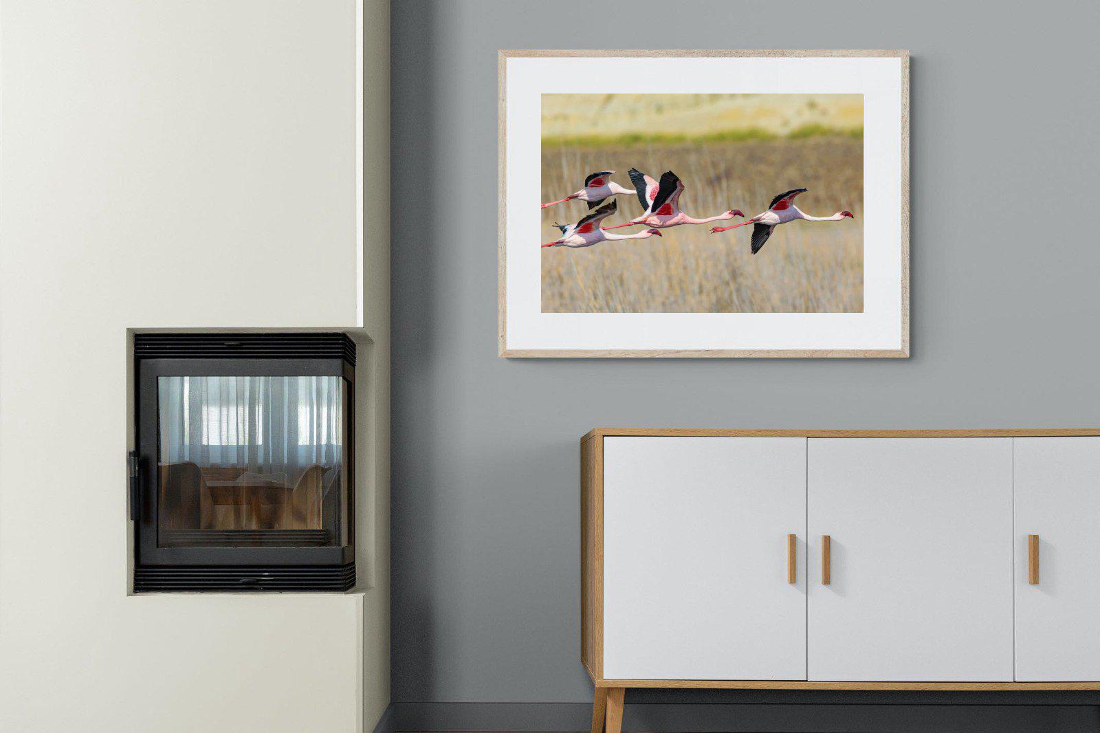 Flying Flamingos-Wall_Art-100 x 75cm-Framed Print-Wood-Pixalot