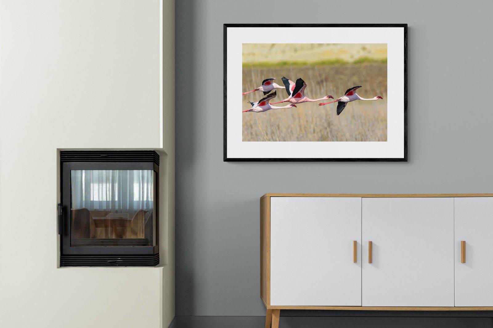 Flying Flamingos-Wall_Art-100 x 75cm-Framed Print-Black-Pixalot