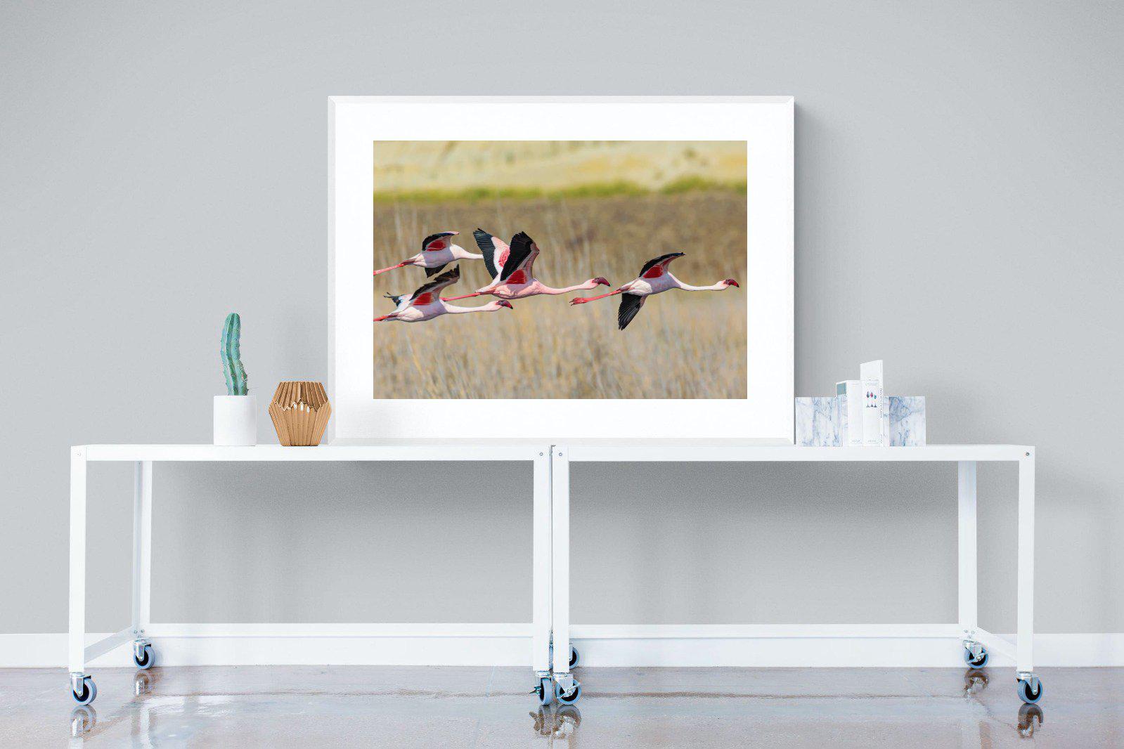 Flying Flamingos-Wall_Art-120 x 90cm-Framed Print-White-Pixalot