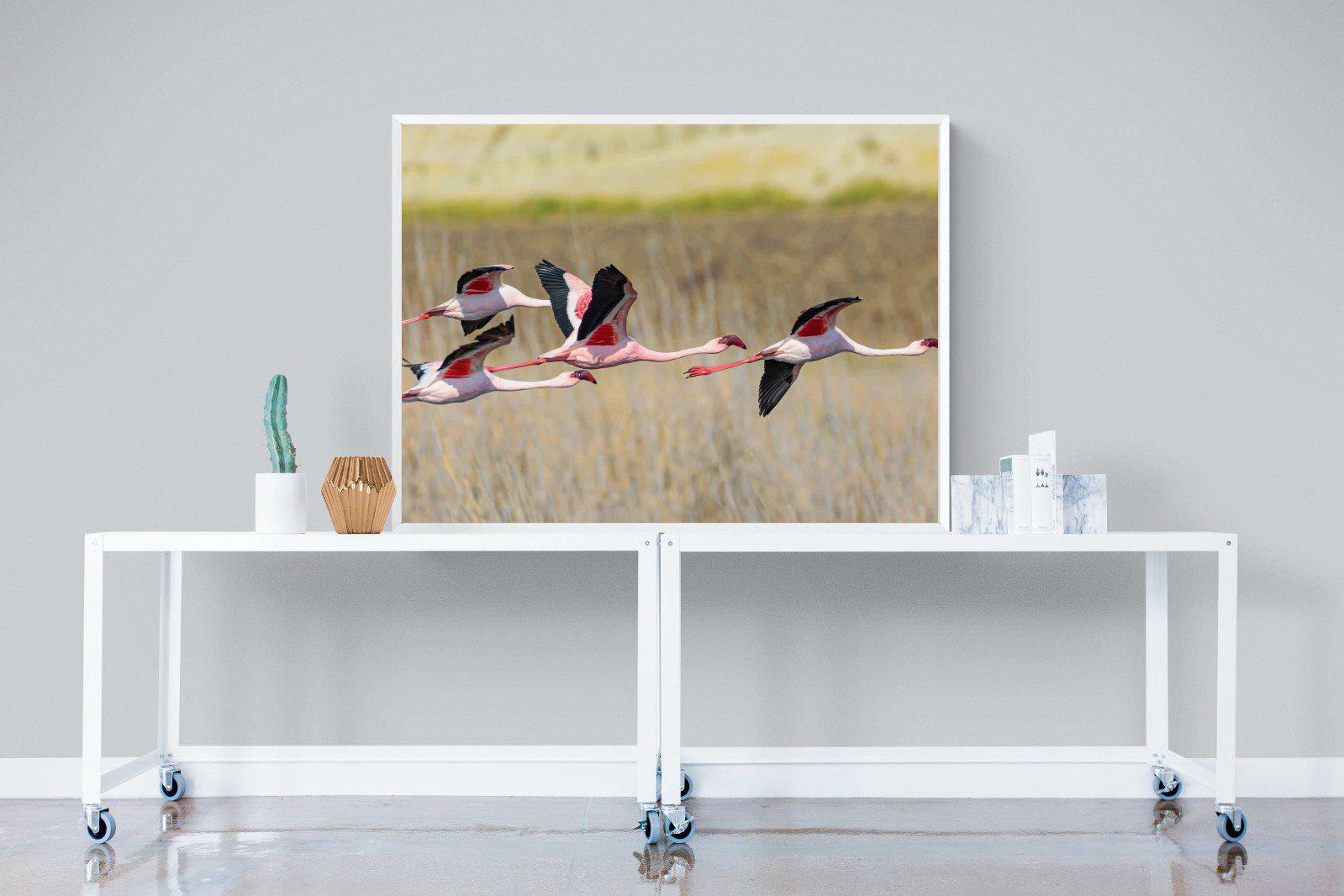 Flying Flamingos-Wall_Art-120 x 90cm-Mounted Canvas-White-Pixalot