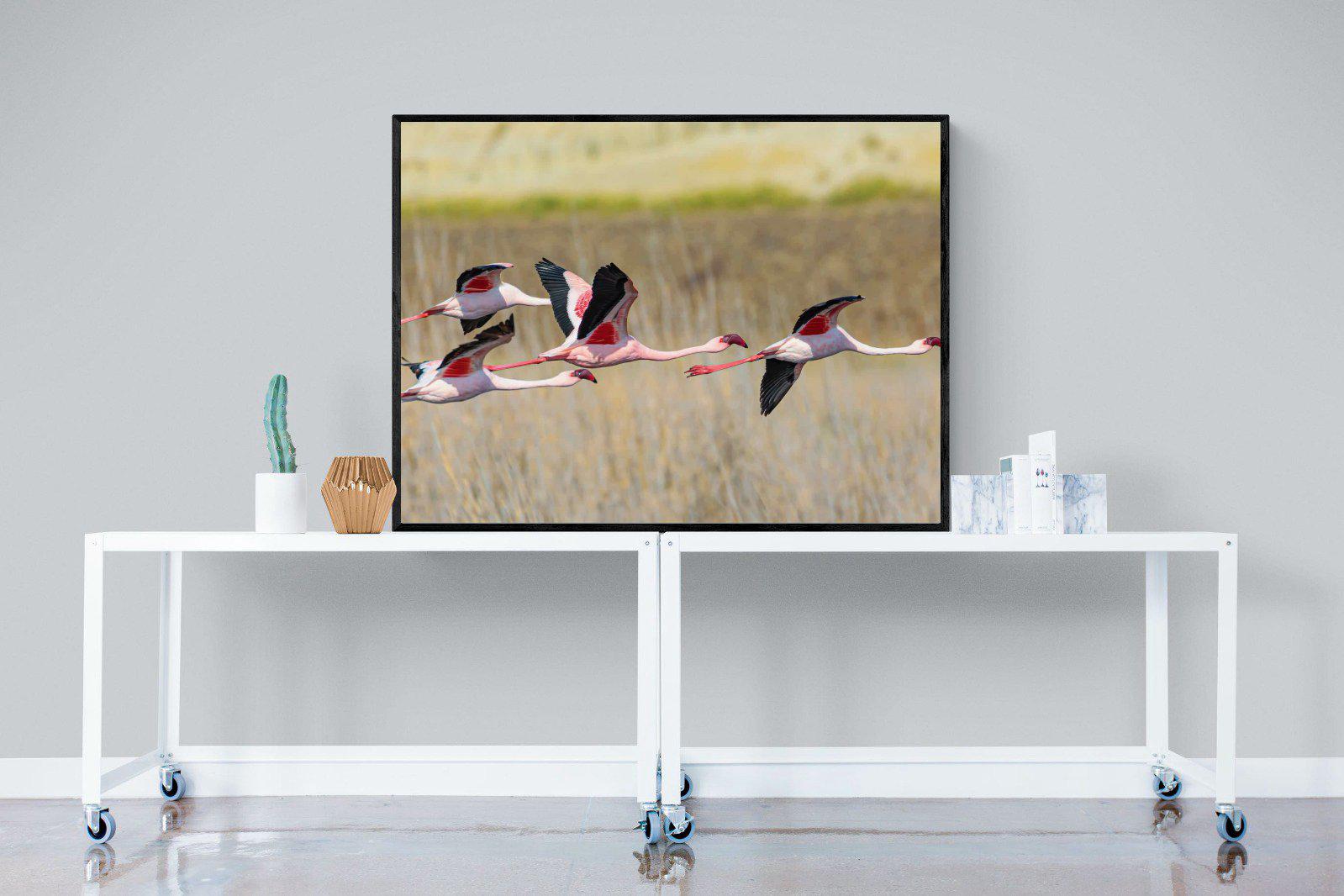Flying Flamingos-Wall_Art-120 x 90cm-Mounted Canvas-Black-Pixalot
