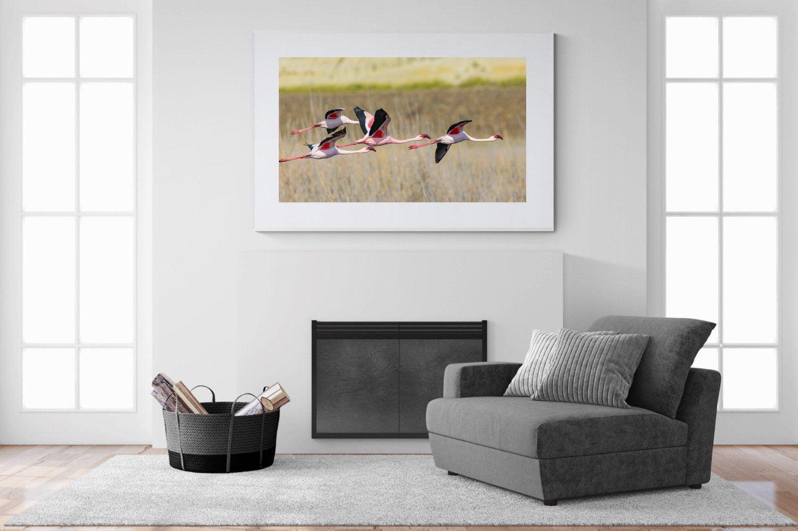 Flying Flamingos-Wall_Art-150 x 100cm-Framed Print-White-Pixalot