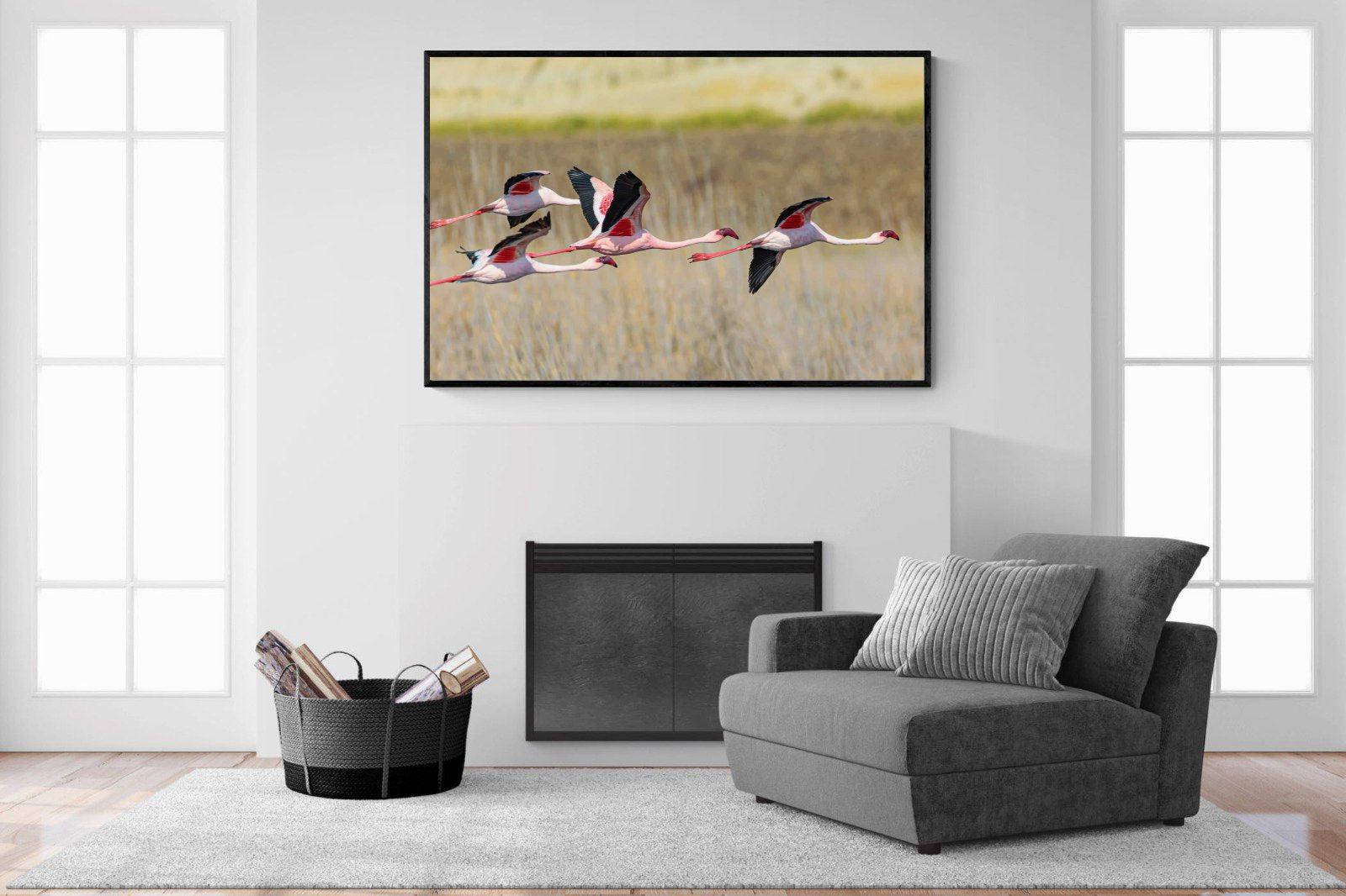 Flying Flamingos-Wall_Art-150 x 100cm-Mounted Canvas-Black-Pixalot