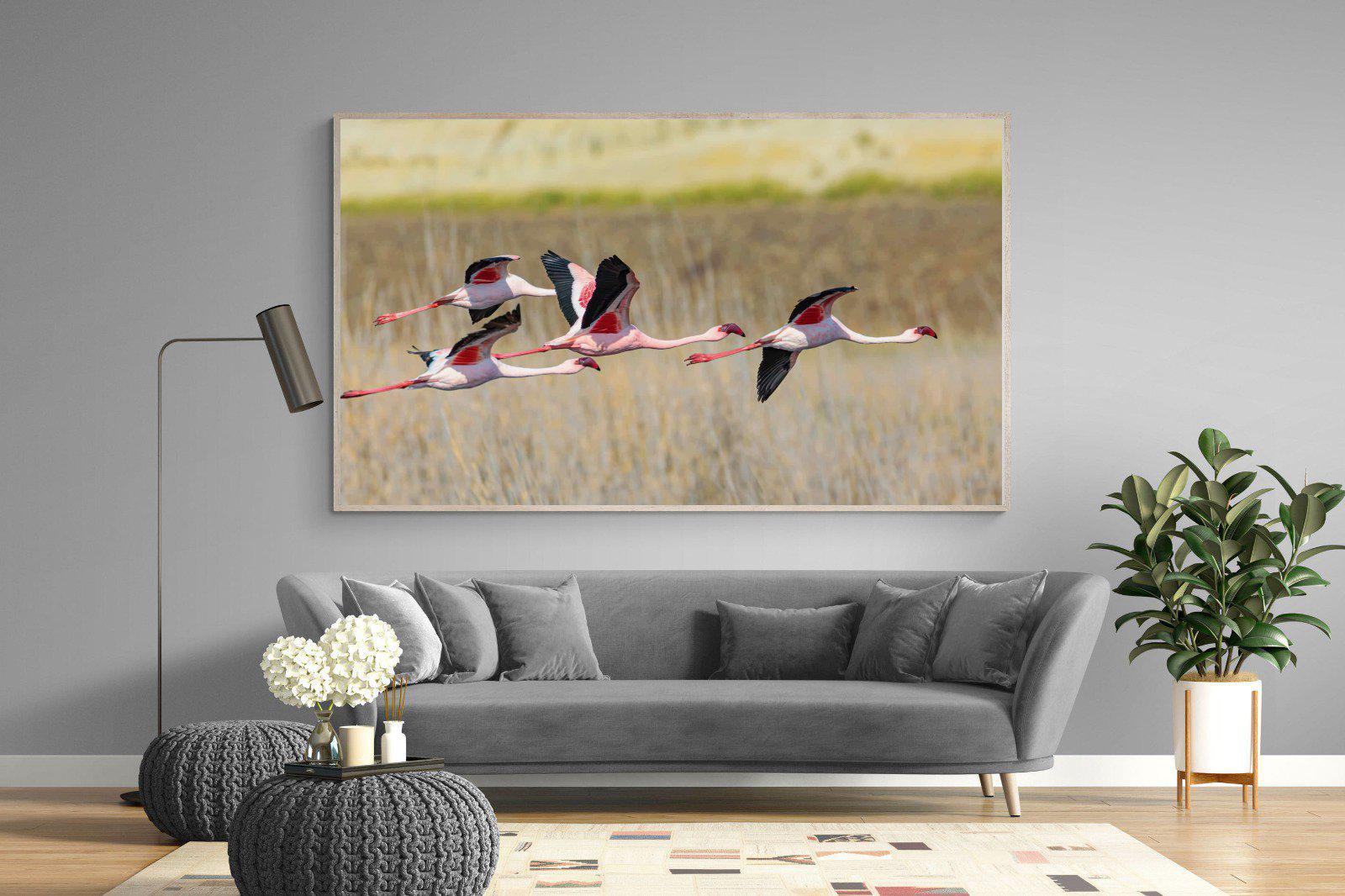 Flying Flamingos-Wall_Art-220 x 130cm-Mounted Canvas-Wood-Pixalot