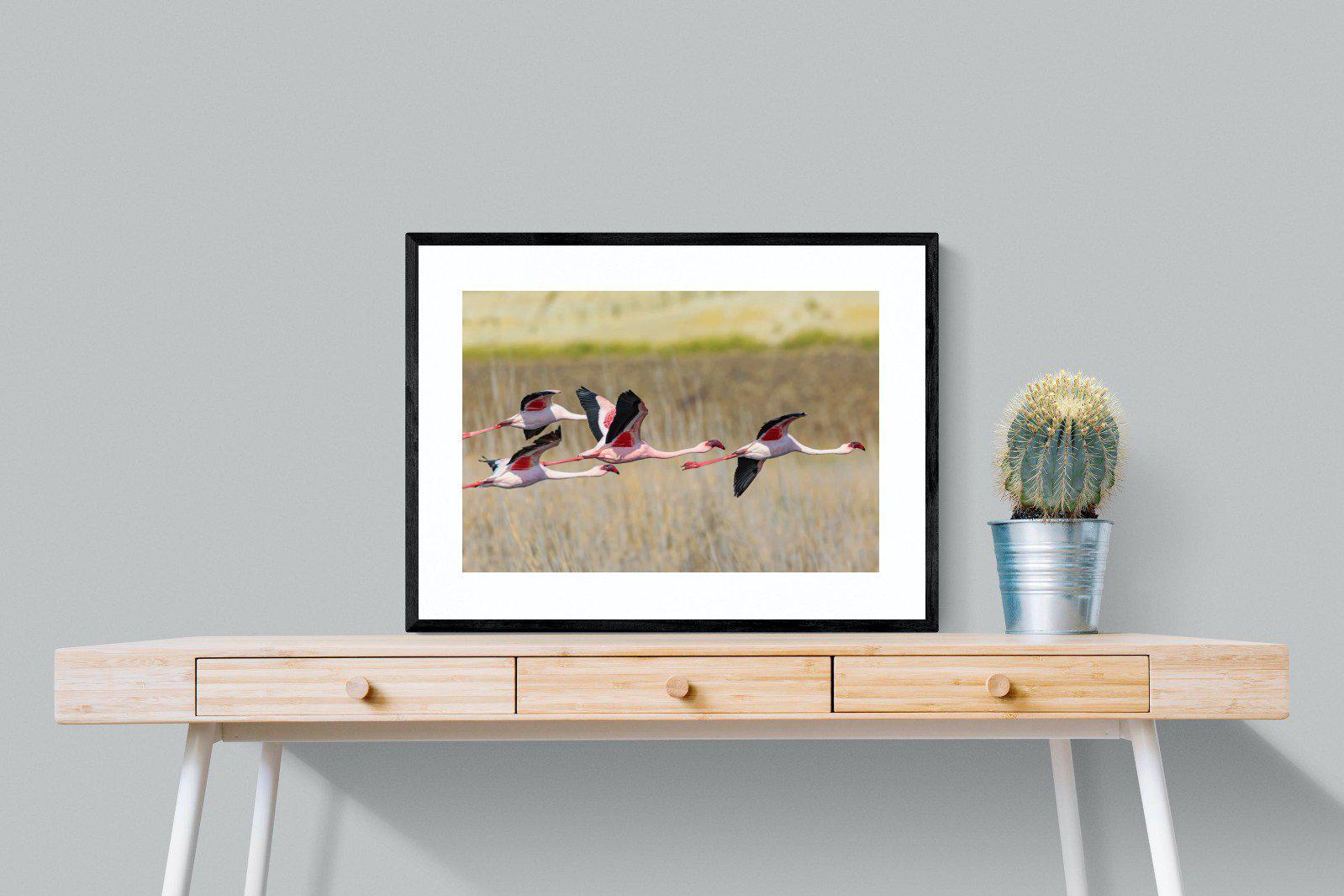 Flying Flamingos-Wall_Art-80 x 60cm-Framed Print-Black-Pixalot