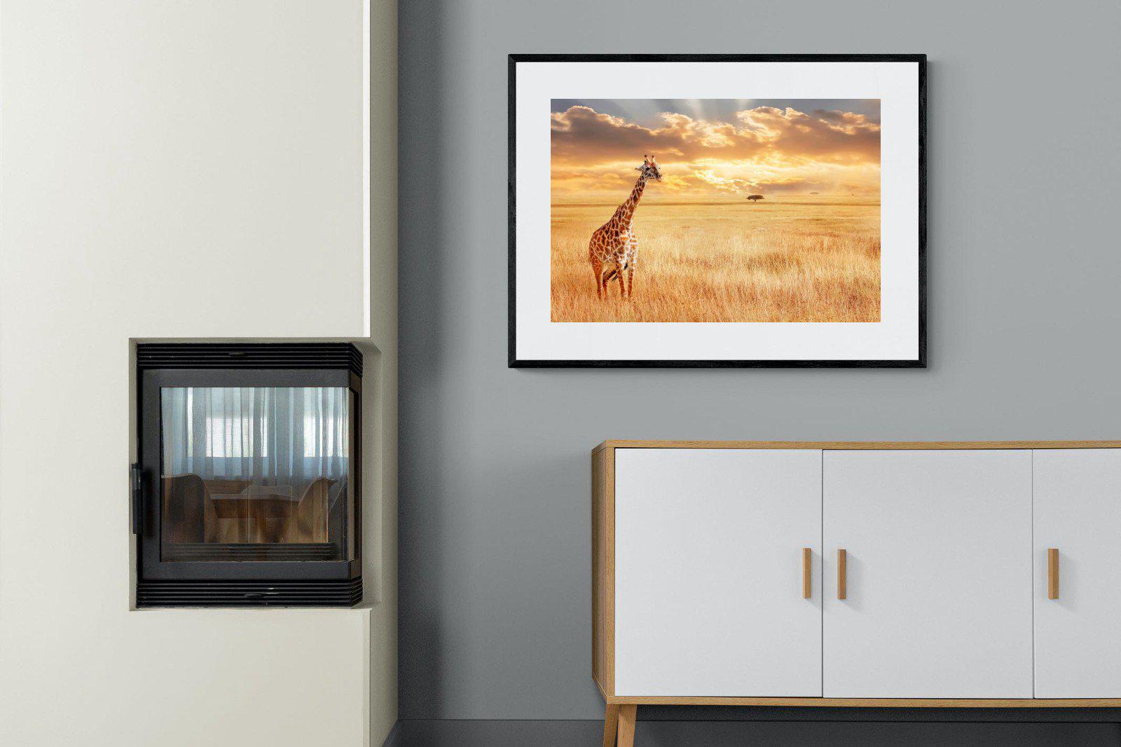 Giraffe Sunset-Wall_Art-100 x 75cm-Framed Print-Black-Pixalot