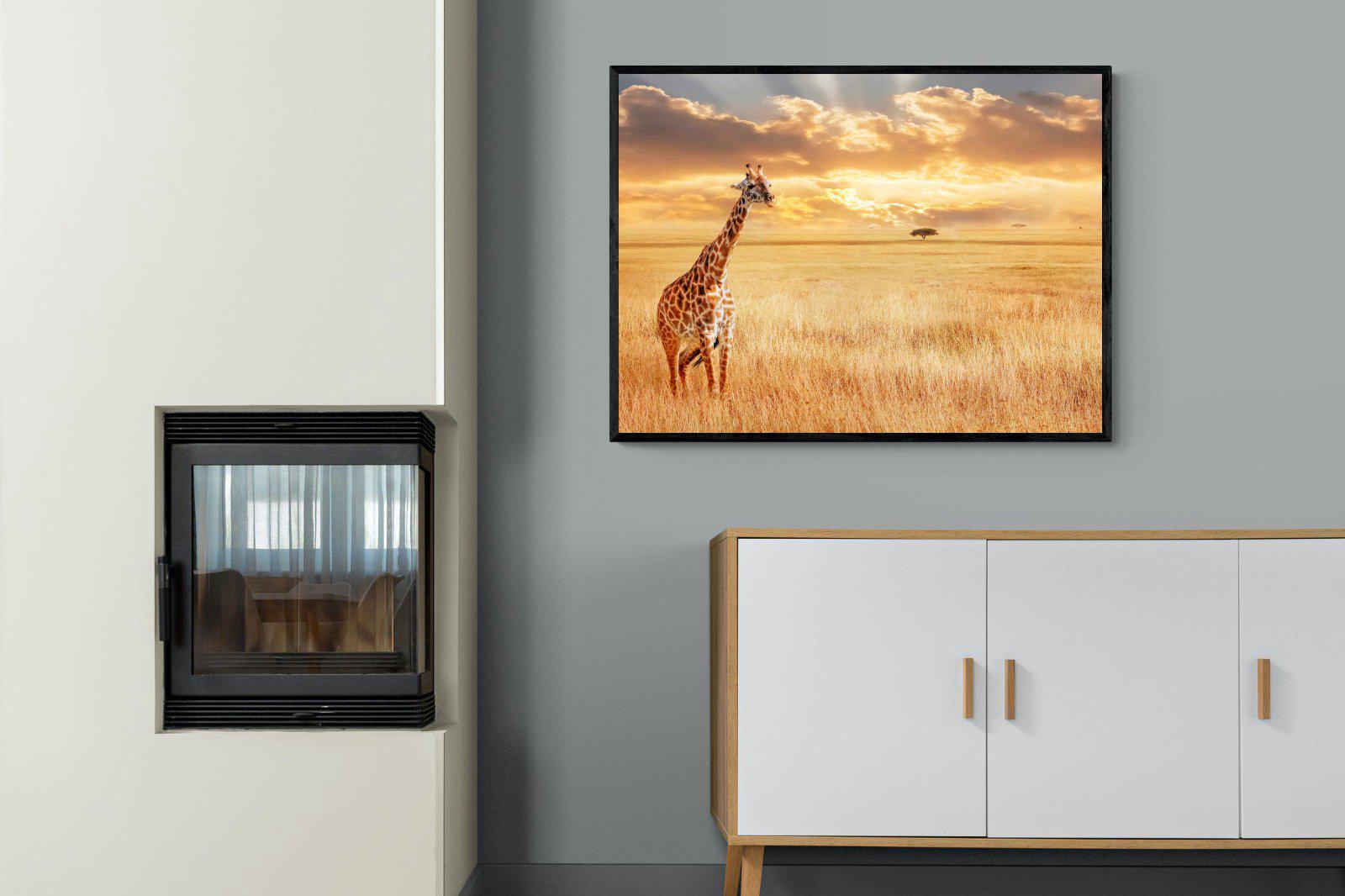Giraffe Sunset-Wall_Art-100 x 75cm-Mounted Canvas-Black-Pixalot