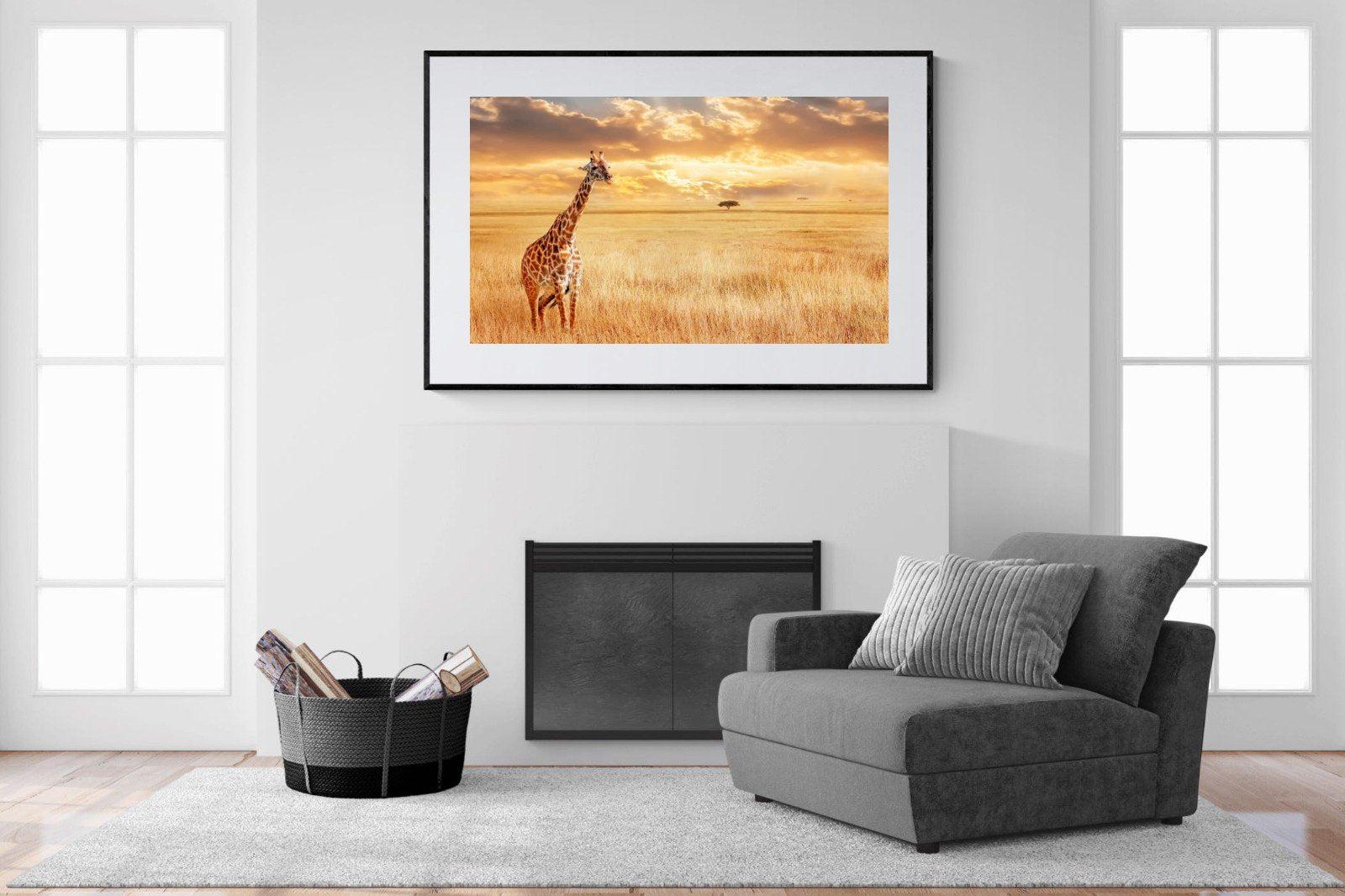 Giraffe Sunset-Wall_Art-150 x 100cm-Framed Print-Black-Pixalot