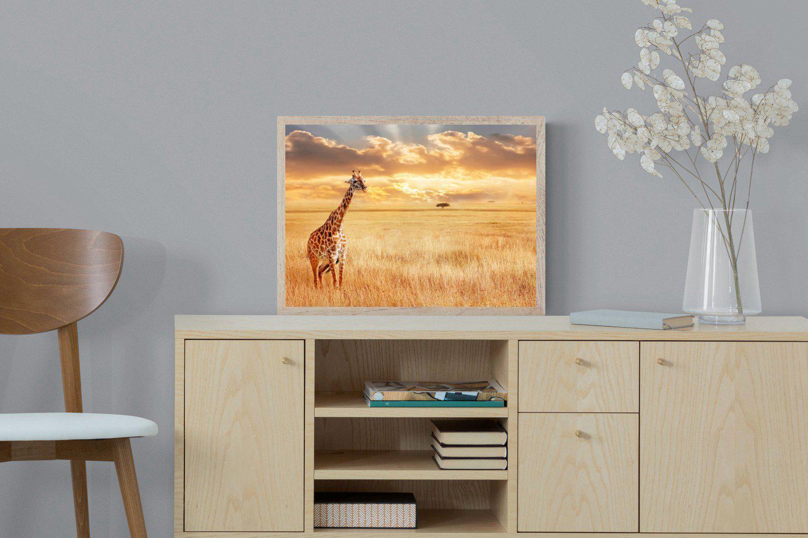 Giraffe Sunset-Wall_Art-60 x 45cm-Mounted Canvas-Wood-Pixalot