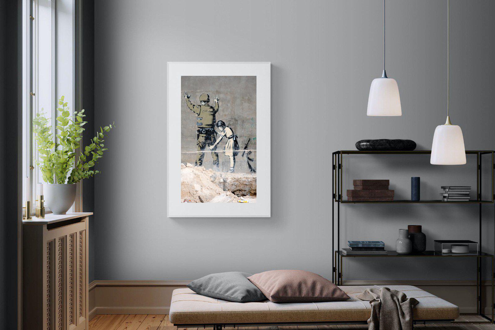 Girl Frisking Soldier-Wall_Art-100 x 150cm-Framed Print-White-Pixalot
