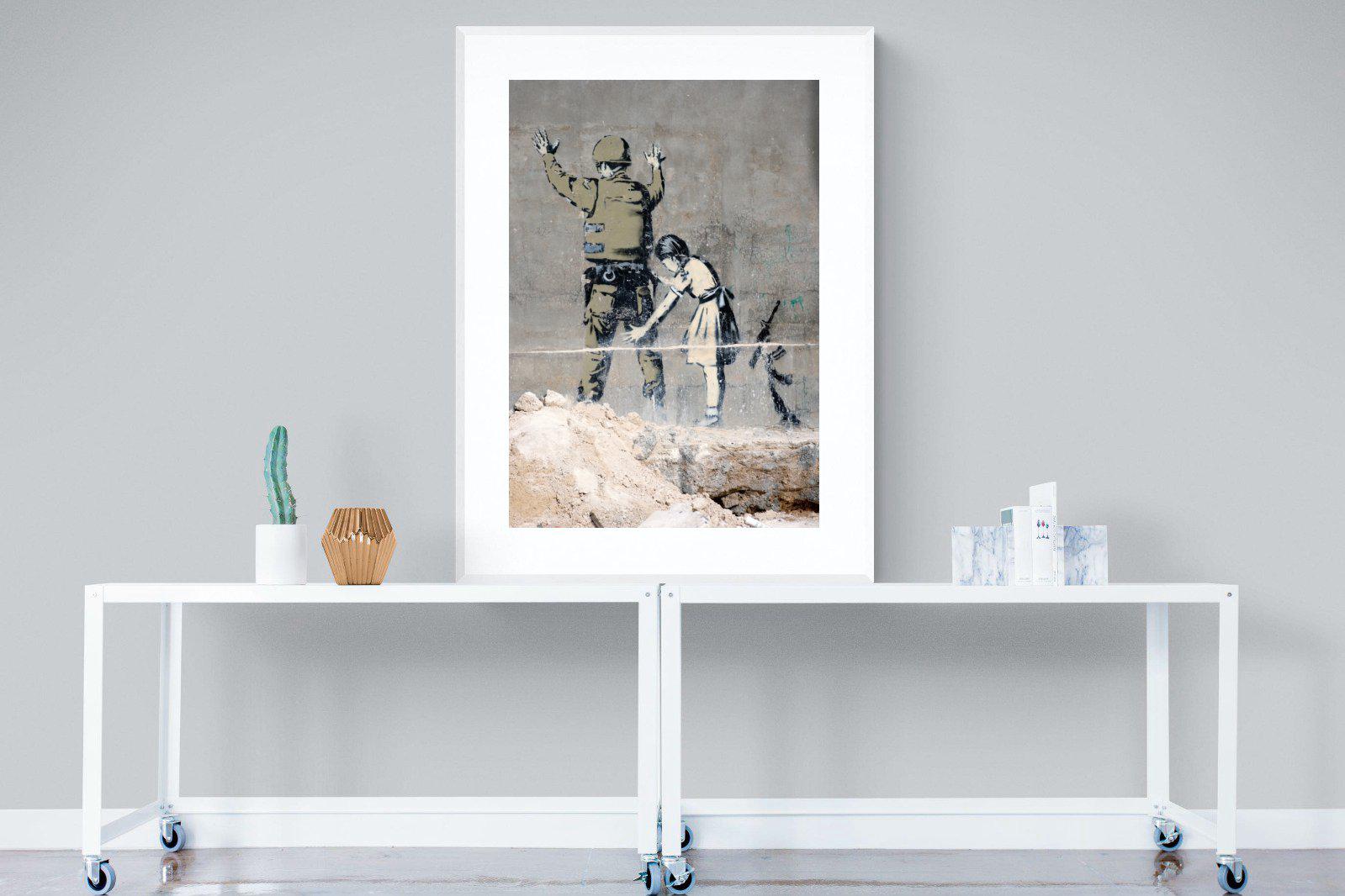 Girl Frisking Soldier-Wall_Art-90 x 120cm-Framed Print-White-Pixalot