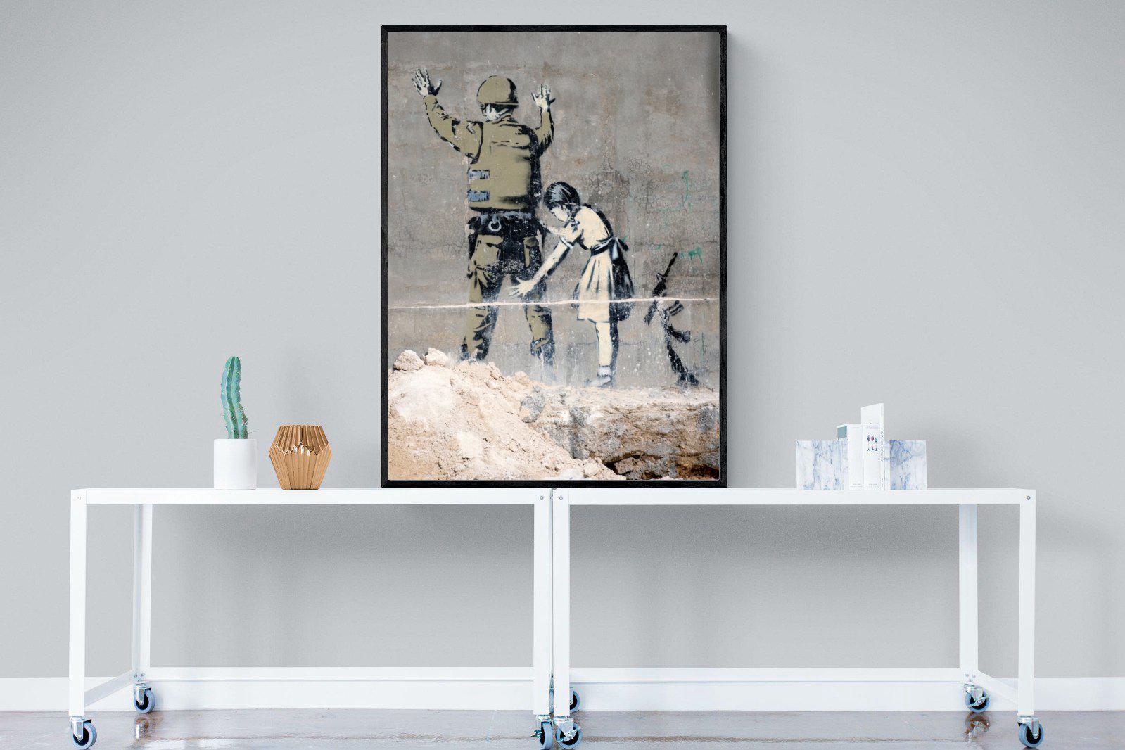 Girl Frisking Soldier-Wall_Art-90 x 120cm-Mounted Canvas-Black-Pixalot